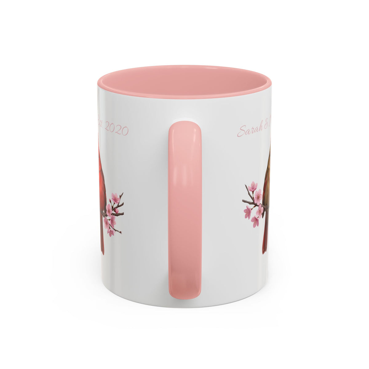 Personalized Cardinal Couple Mug – Cherry Blossom Design with Custom Names (Pink Accent) – accent