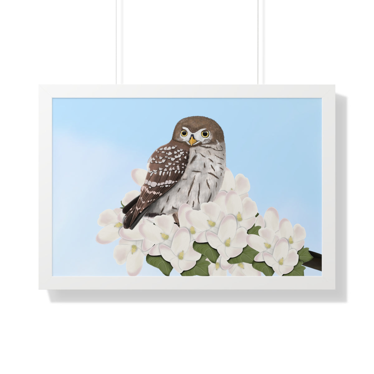 小さなフクロウの春の花鳥額入りポスター