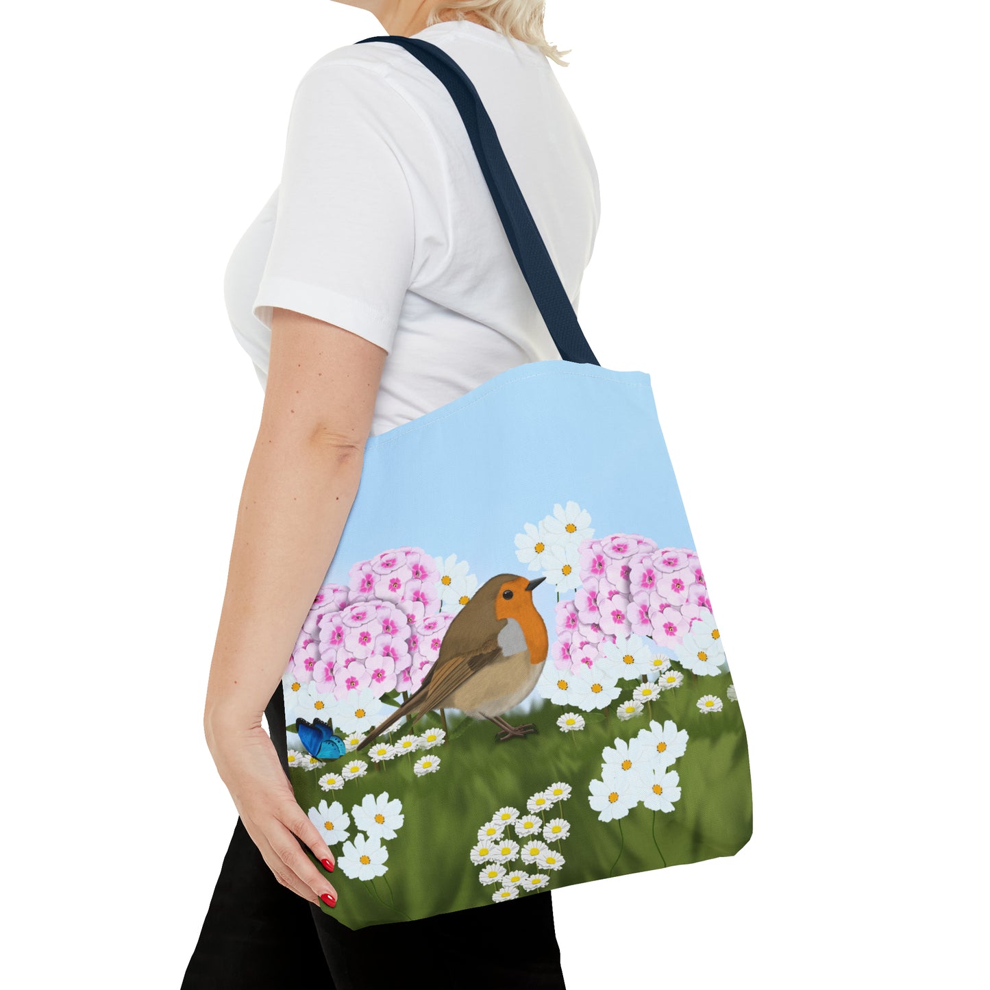 Robin in Summer Flowers Bird Tote Bag 16"x16" - jz.birds