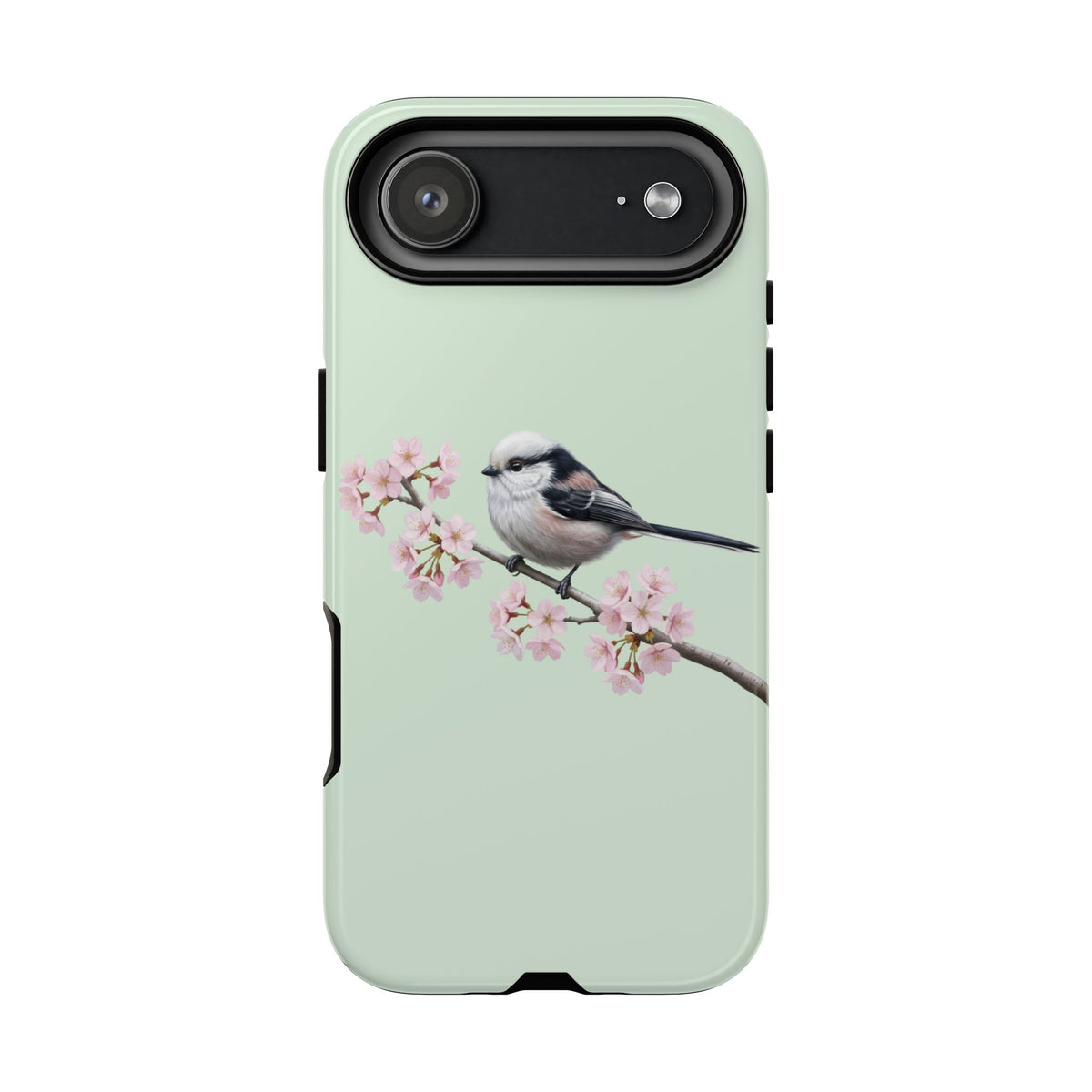 Funda para móvil de carbonero común en verde salvia | Motivo floral de pájaro y flores de cerezo para iPhone y Google Pixel