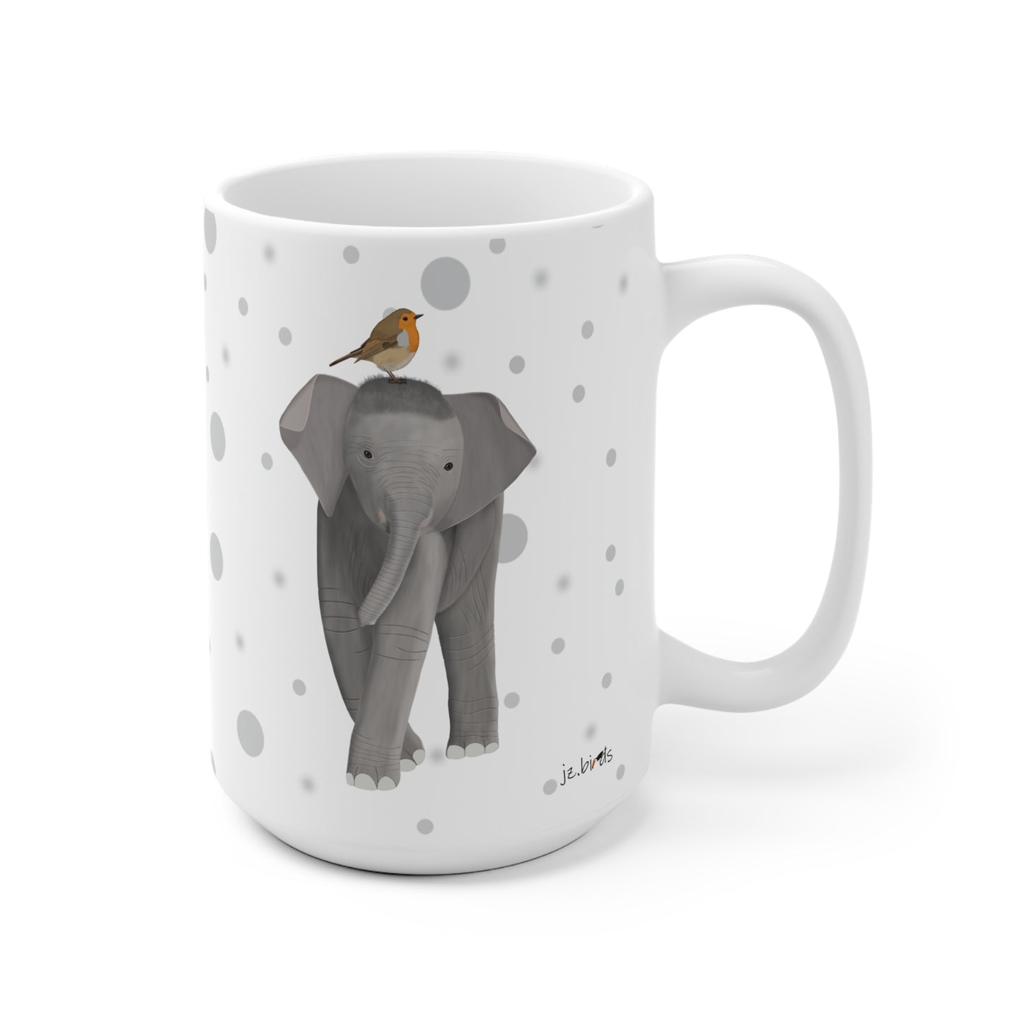 Rotkehlchen auf einem Elefanten Vogel Tasse Punkte Grau