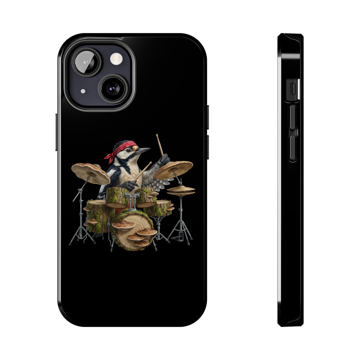 Woodpecker with Drums iPhone Case – Premium Tough Phone Cover Black – animal lover,