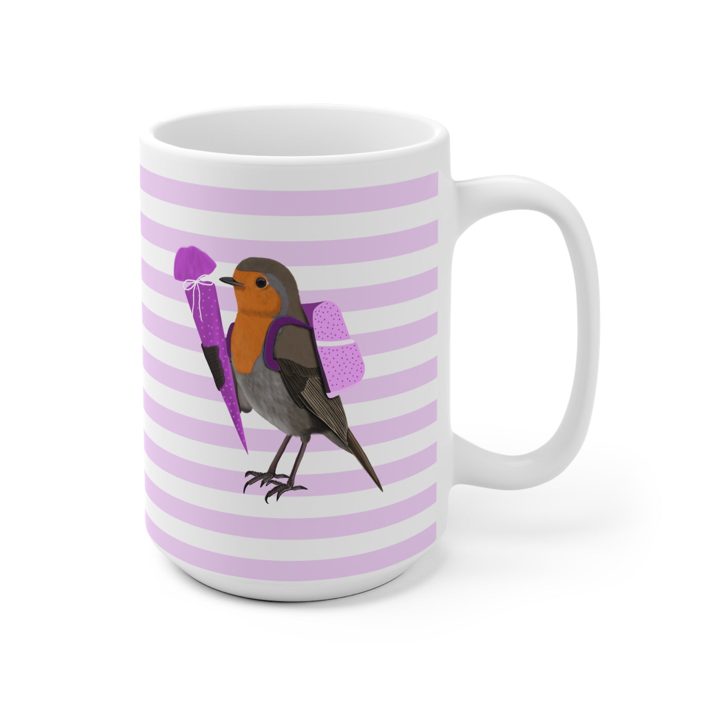 Rotkehlchen Vogel Tasse als Geschenk zur Einschulung Rosa Weiß