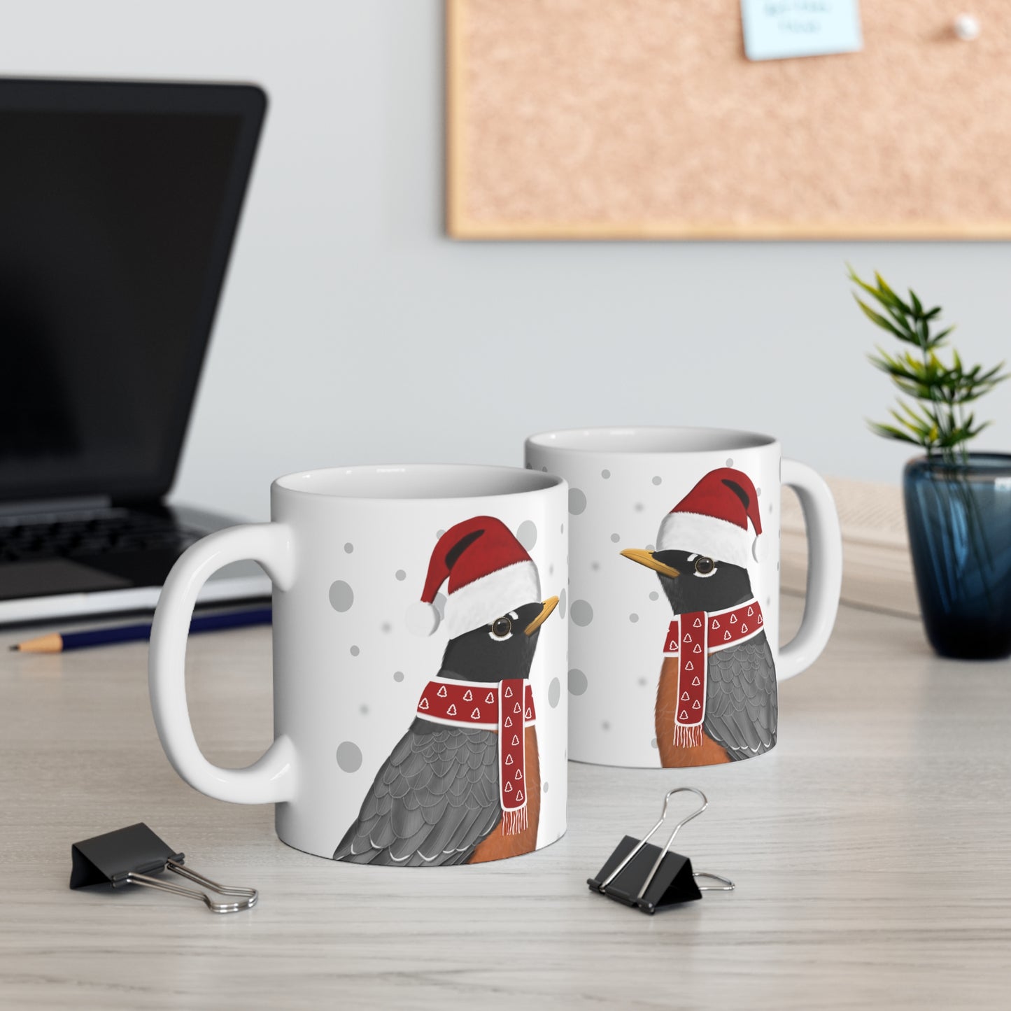 Robin with Red Santa Hat and Scarf Christmas Bird Ceramic Mug 11oz