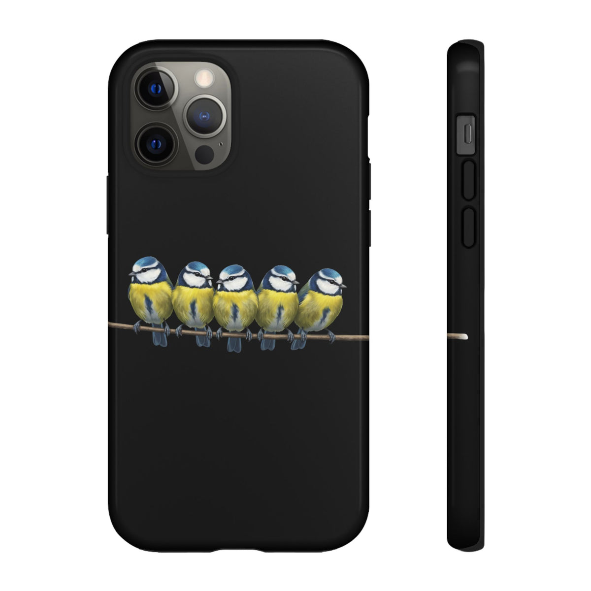 Funda premium para móvil de carbonero azul en una rama – Doble protección e impresión integral, negra