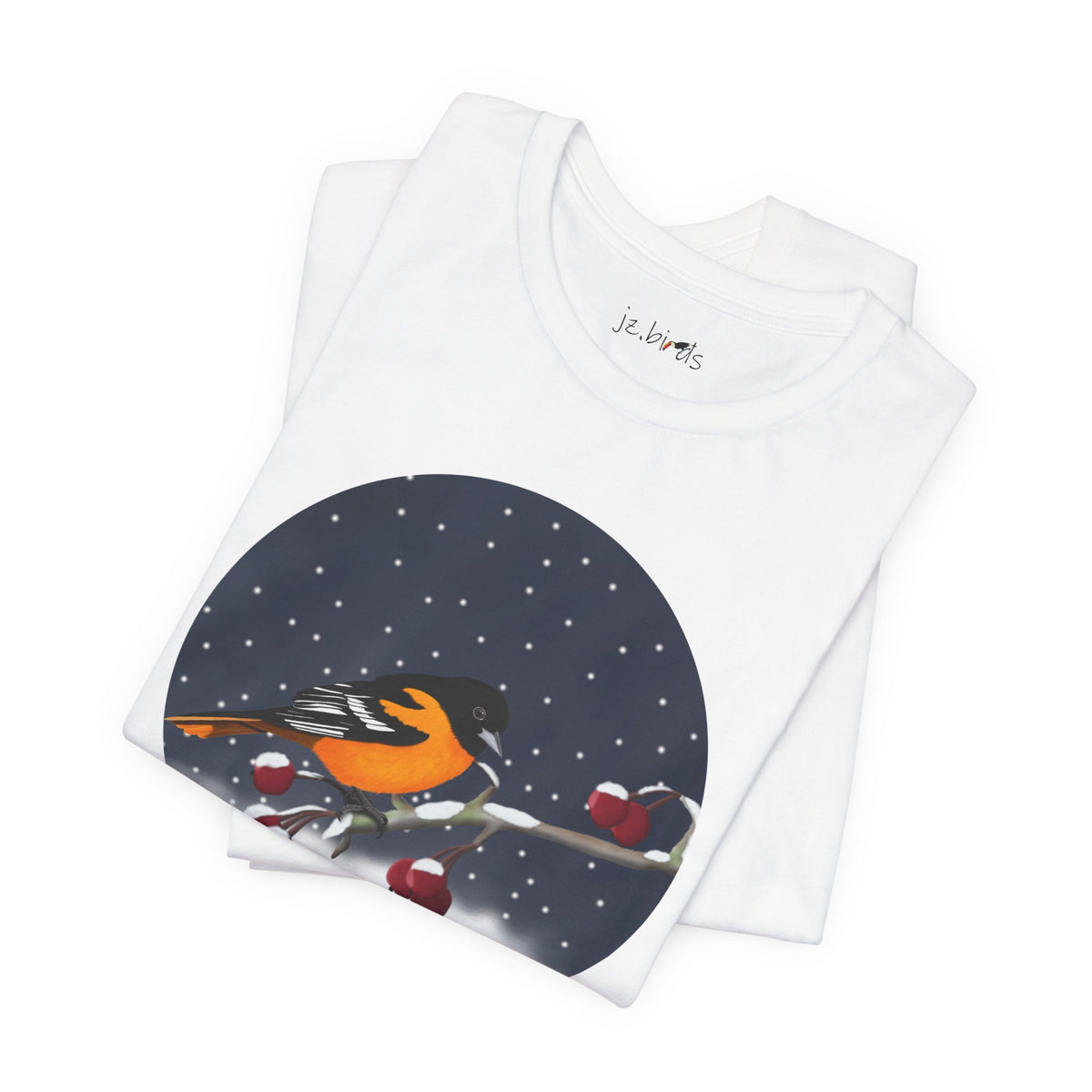 Baltimore Oriole on a Winter Branch Birdwatcher Christmas Bird T-Shirt