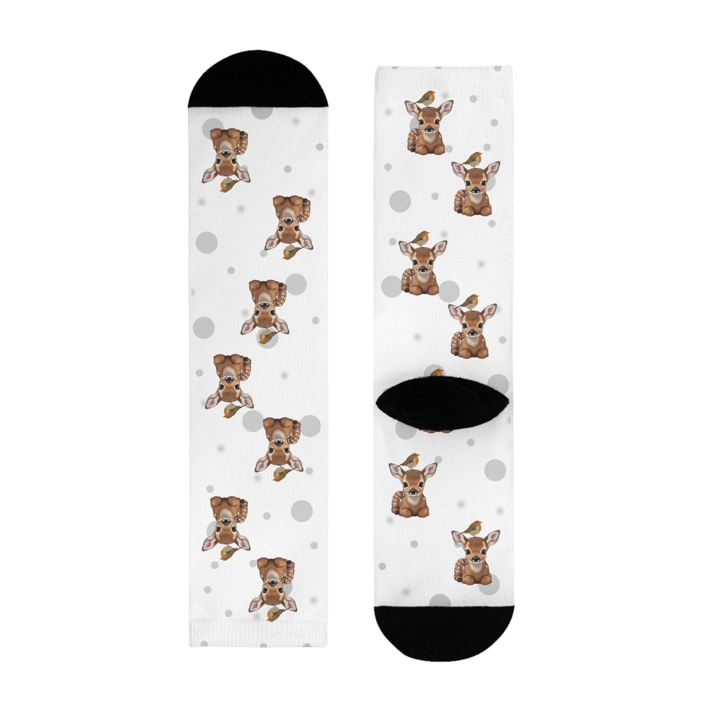 Rotkehlchen Socken mit Rehkitz Vogelsocken mit Tiermotiven Graue Punkte