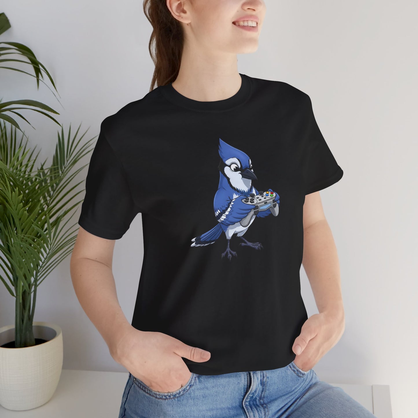 Blue Jay Playing Video Games Funny Gamer and Bird Lover T-Shirt