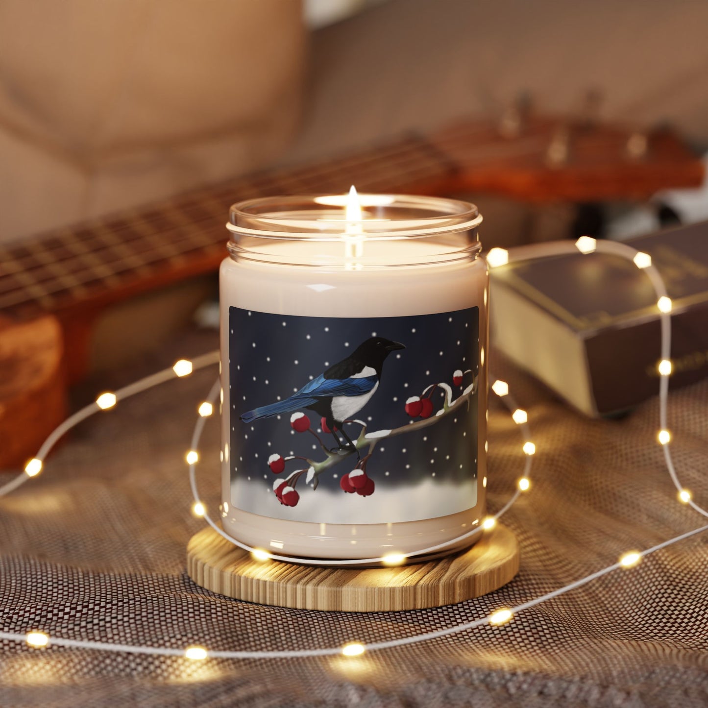 Magpie on a Winter Branch Christmas Bird Art Scented Soy Candle, 9oz