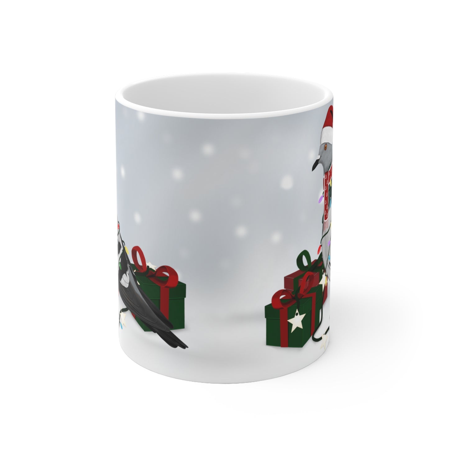 Taube mit Lichterkette im Winter Weihnachten Schnee Vogel Tasse