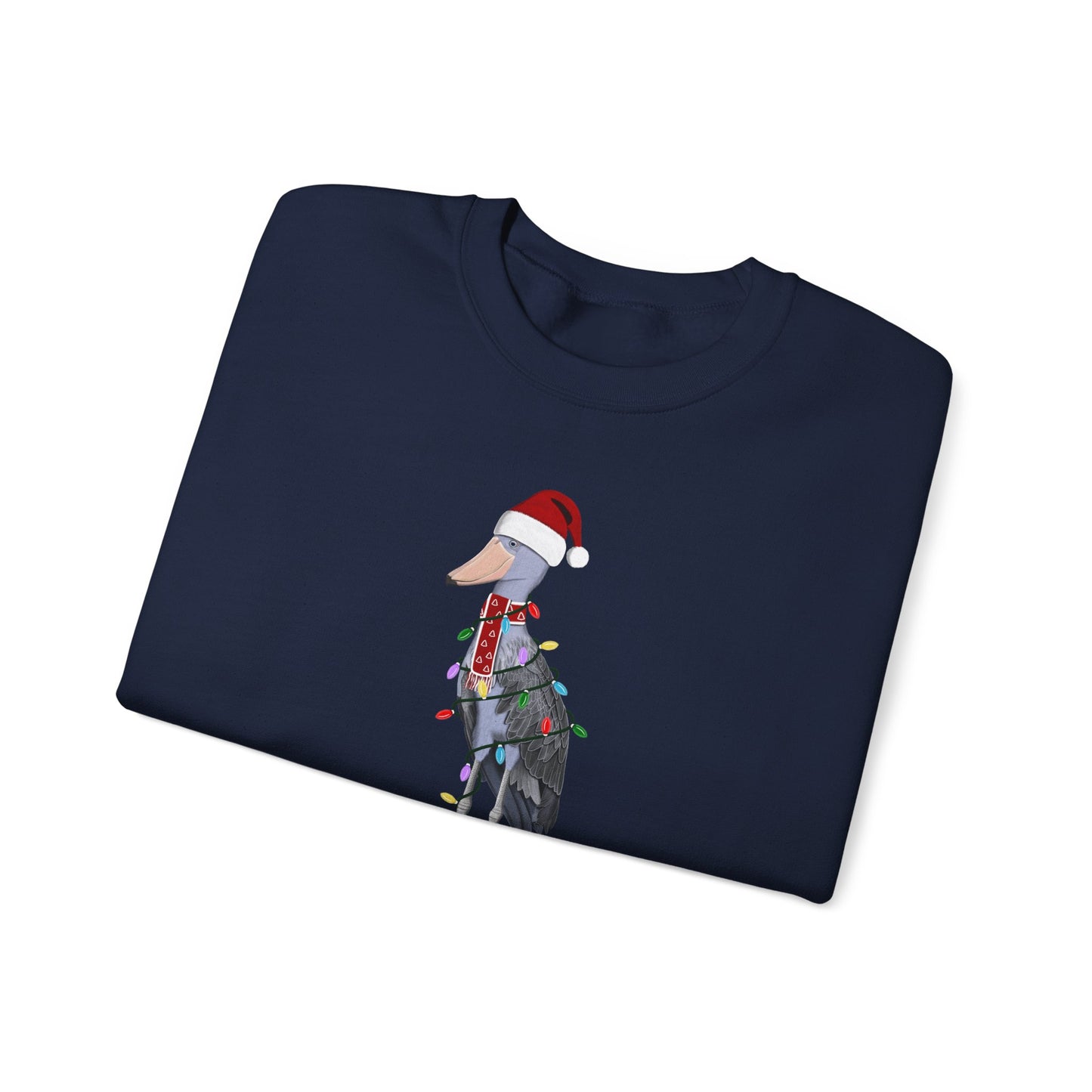 サンタクロースの姿でフェアリーライトをつけたハシビロコウのハッピーホリデーバードウォッチャークリスマスバードスウェットシャツ