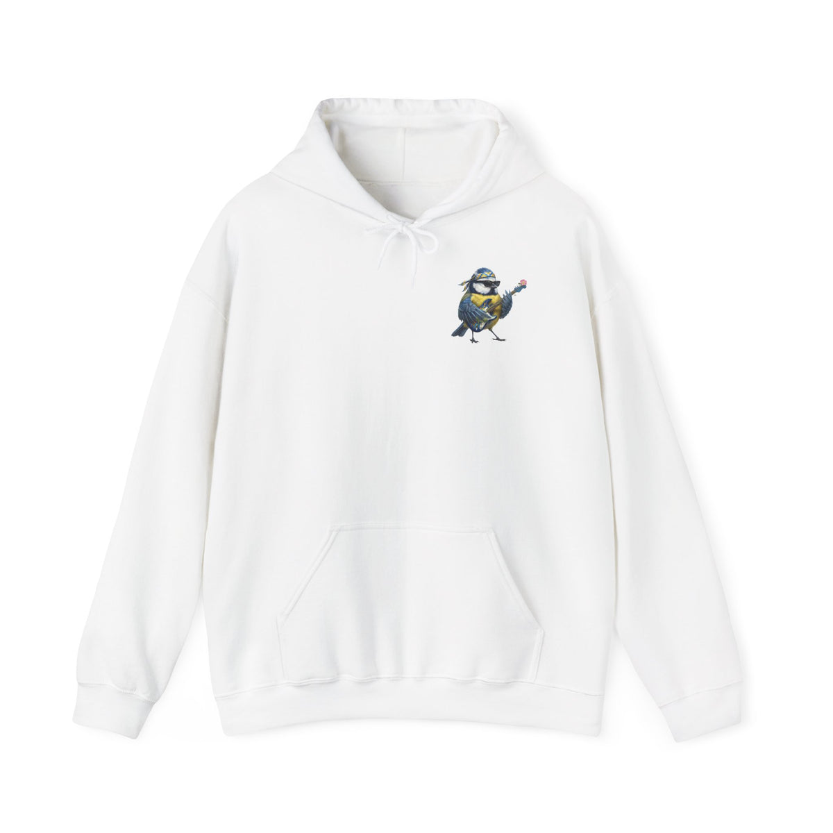 Bert Blaumeise mit Blumen-Gitarre – Premium Band-Hoodie | Die Gartenvögel – artistic apparel, Kapuzenpullover