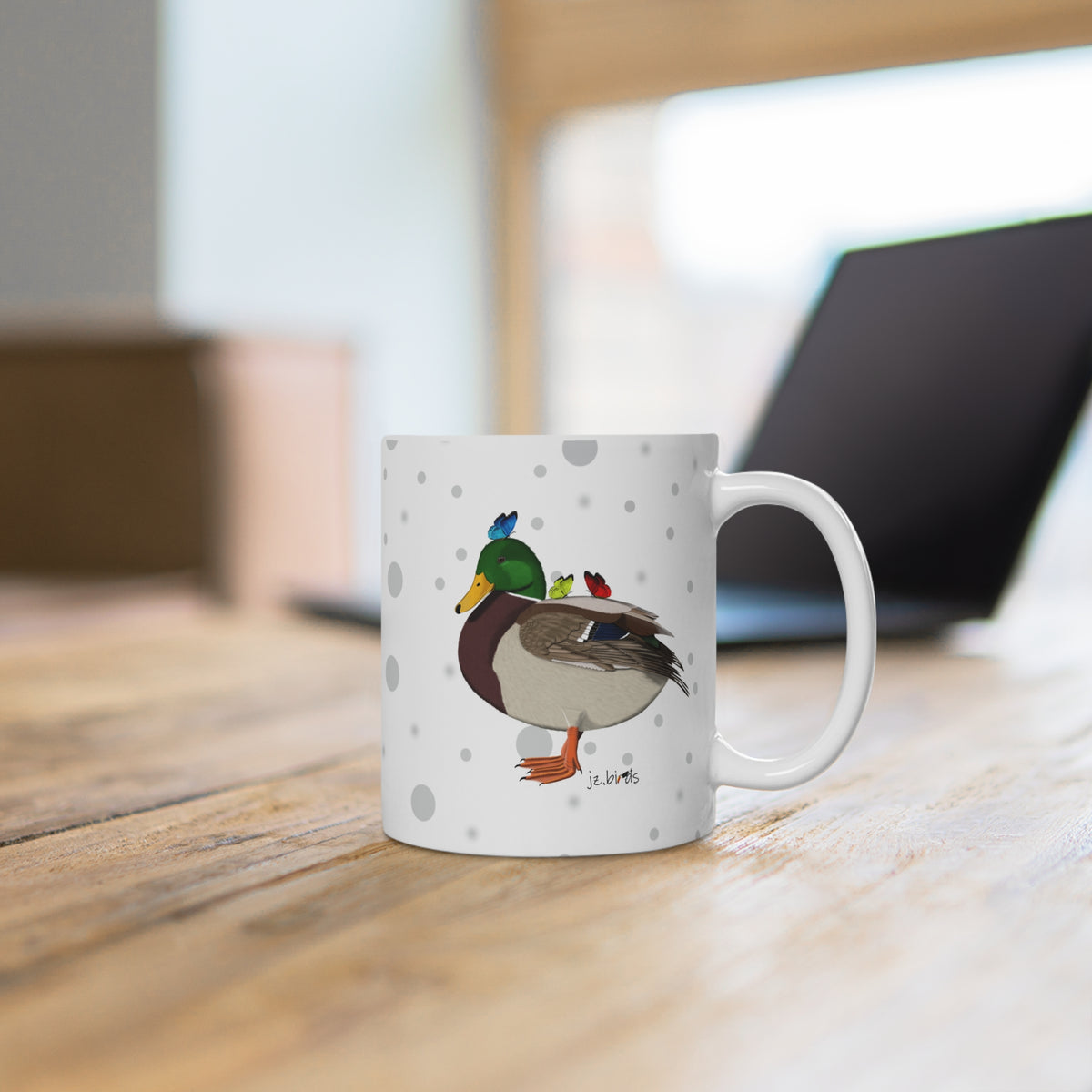 Ente mit Schmetterlingen Vogel Tasse Punkte Grau – 11 oz,