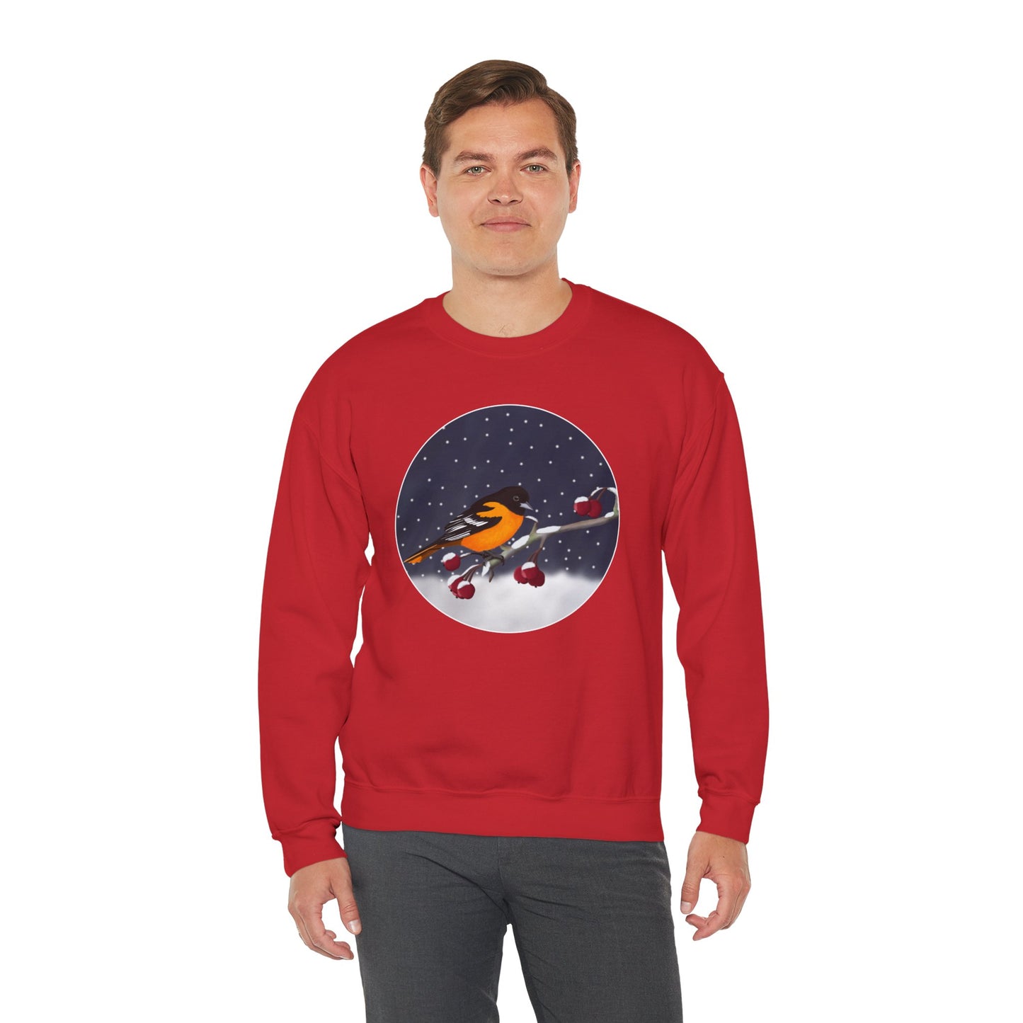Baltimore Oriole on a Winter Branch Birdwatcher Christmas Bird Sweatshirt