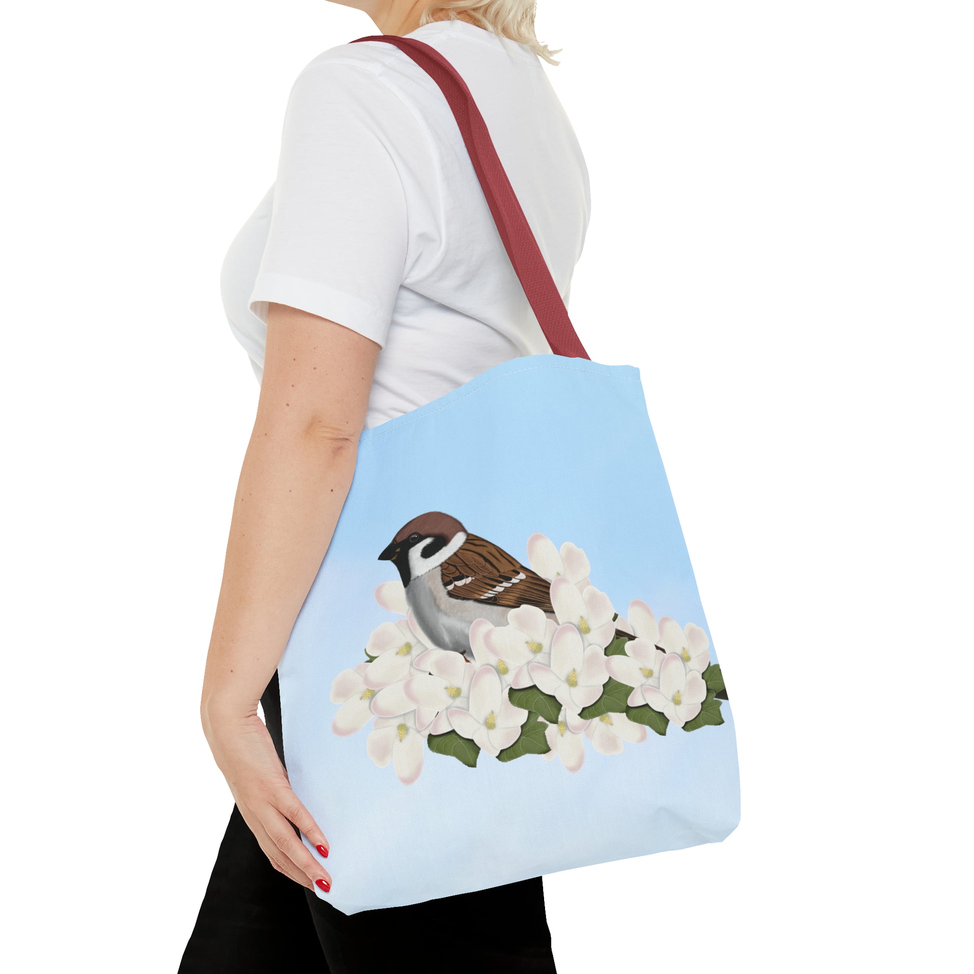 Tree Sparrow in Spring Blossoms Bird Tote Bag 16"x16" - jz.birds