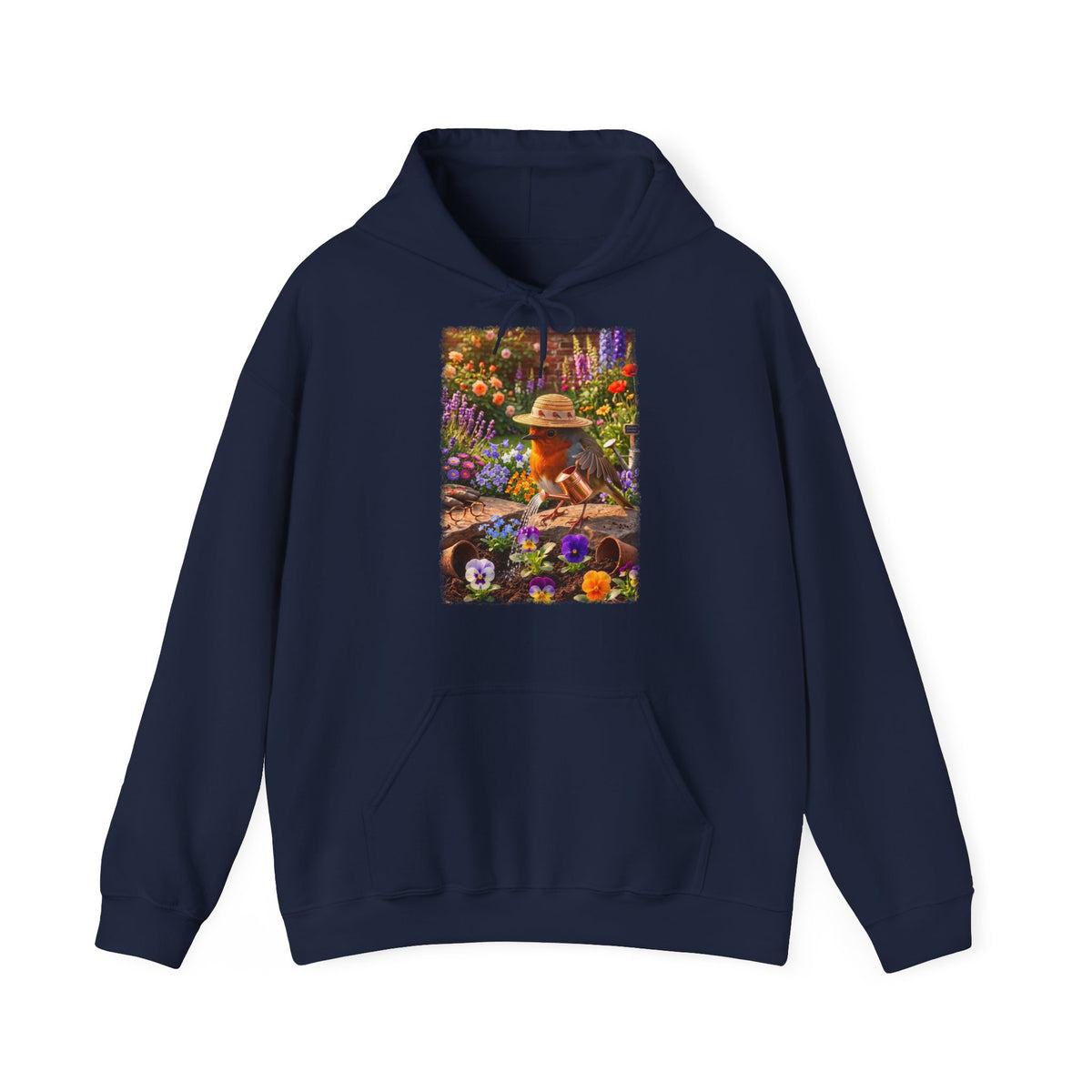 Niedlicher Rotkehlchen Hoodie beim Blumen gießen | Gemütlicher Garten-Kapuzenpullover