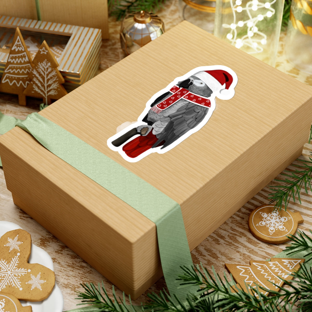 Grey Parrot with Santa Claus Hat and Scarf Christmas Bird Sticker