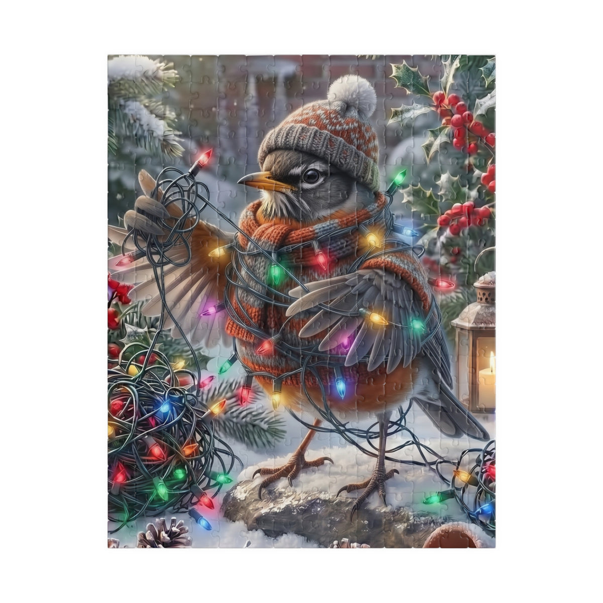 A square jigsaw puzzle featuring a winter holiday scene with a robin wearing a knit hat and scarf, surrounded by snow, holly, red berries, and multicolored Christmas lights. The artwork is centered on a light gray background.