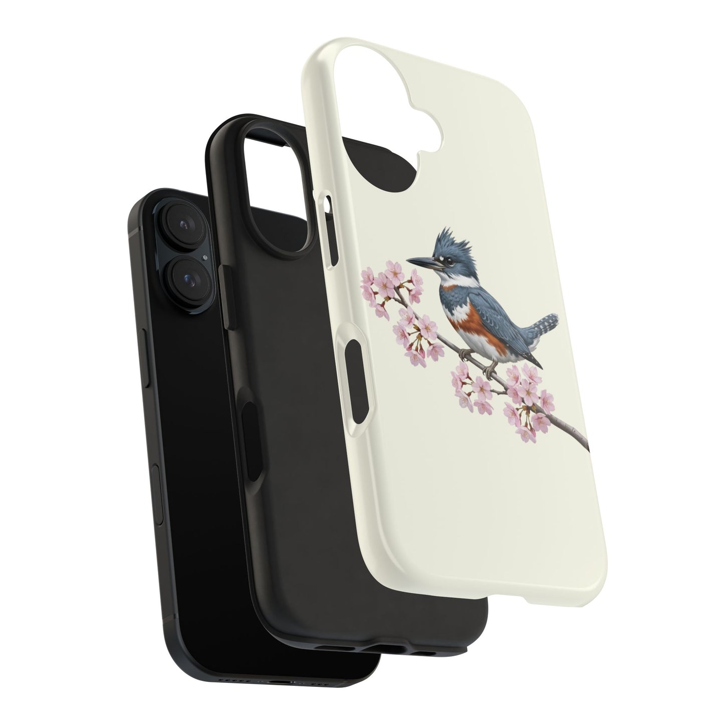 Belted Kingfisher & Cherry Blossom Tough iPhone Case Creamy White