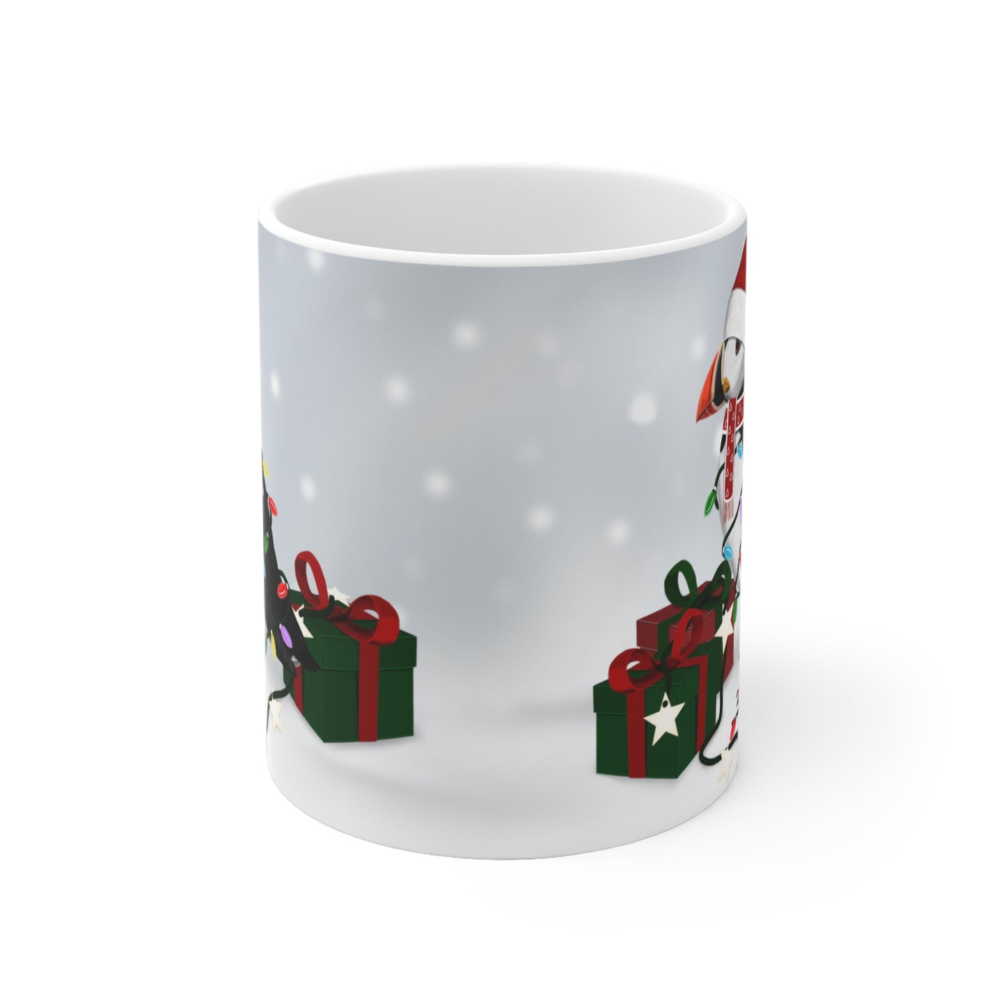 Papageitaucher mit Lichterkette im Winter Weihnachten Schnee Vogel Tasse