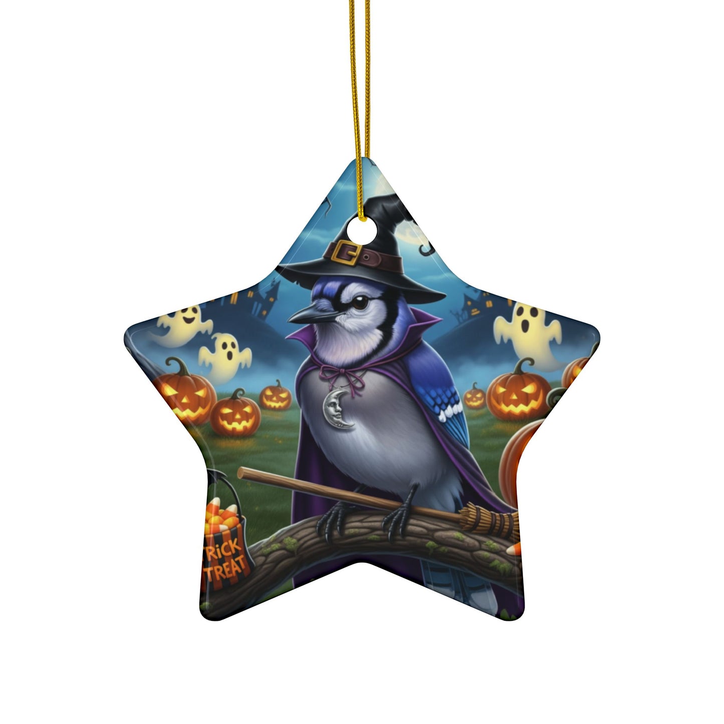 Funny Blue Jay Bird Halloween Ornament, Double-Sided Ceramic Decor for Spooky Season