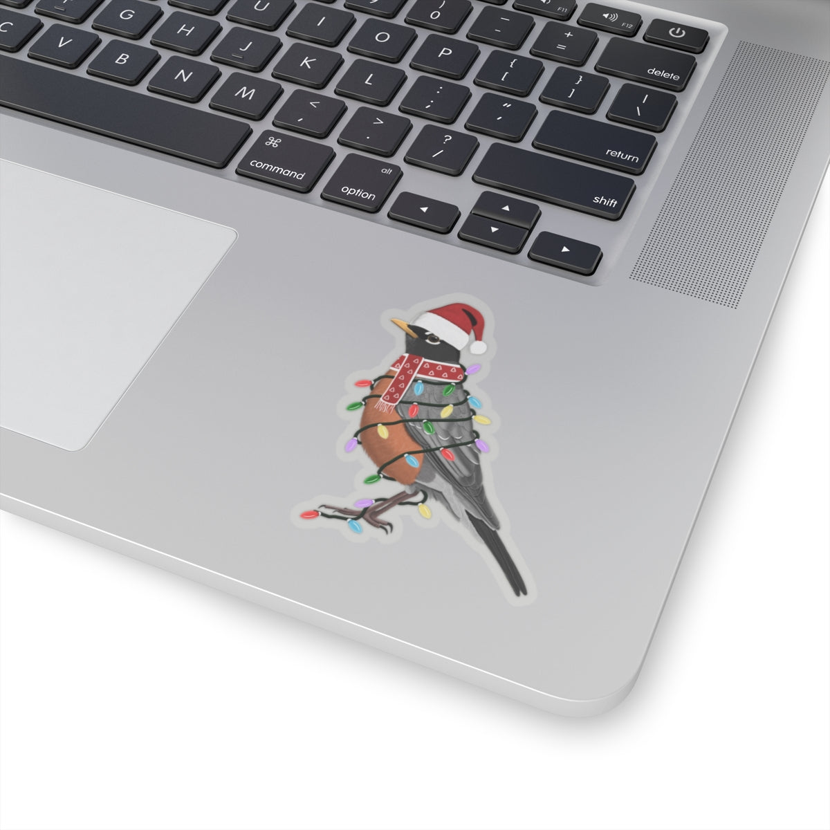Robin with Fairy Lights Santa Claus Hat and Scarf Christmas Bird Sticker