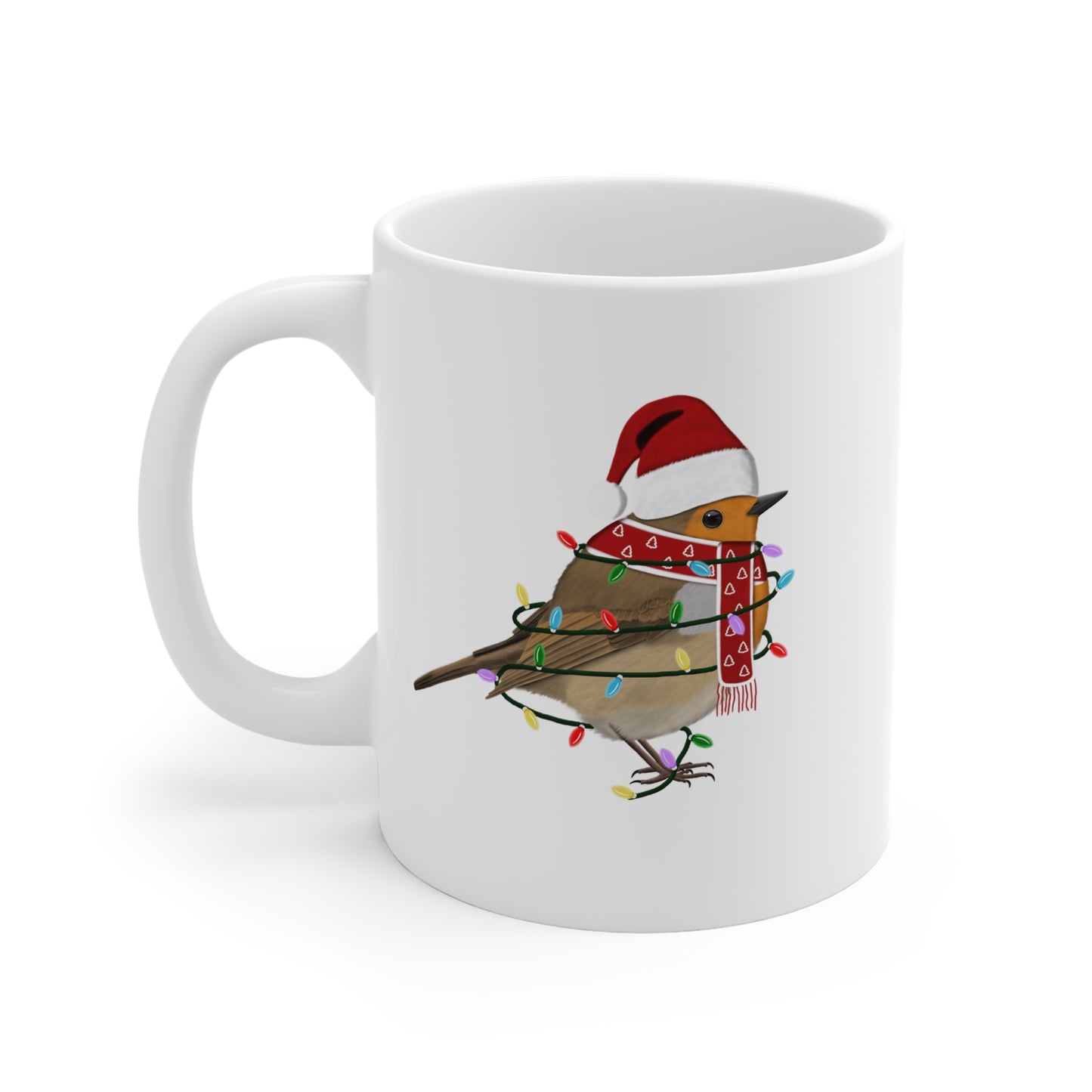 Rotkehlchen Tasse Vogel als Weihnachtsmann mit Lichterkette Weiß für Vogelfreunde