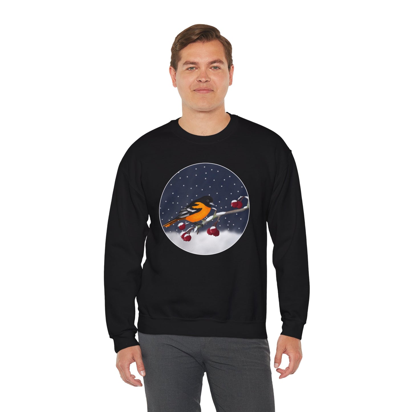 Baltimore Oriole on a Winter Branch Birdwatcher Christmas Bird Sweatshirt