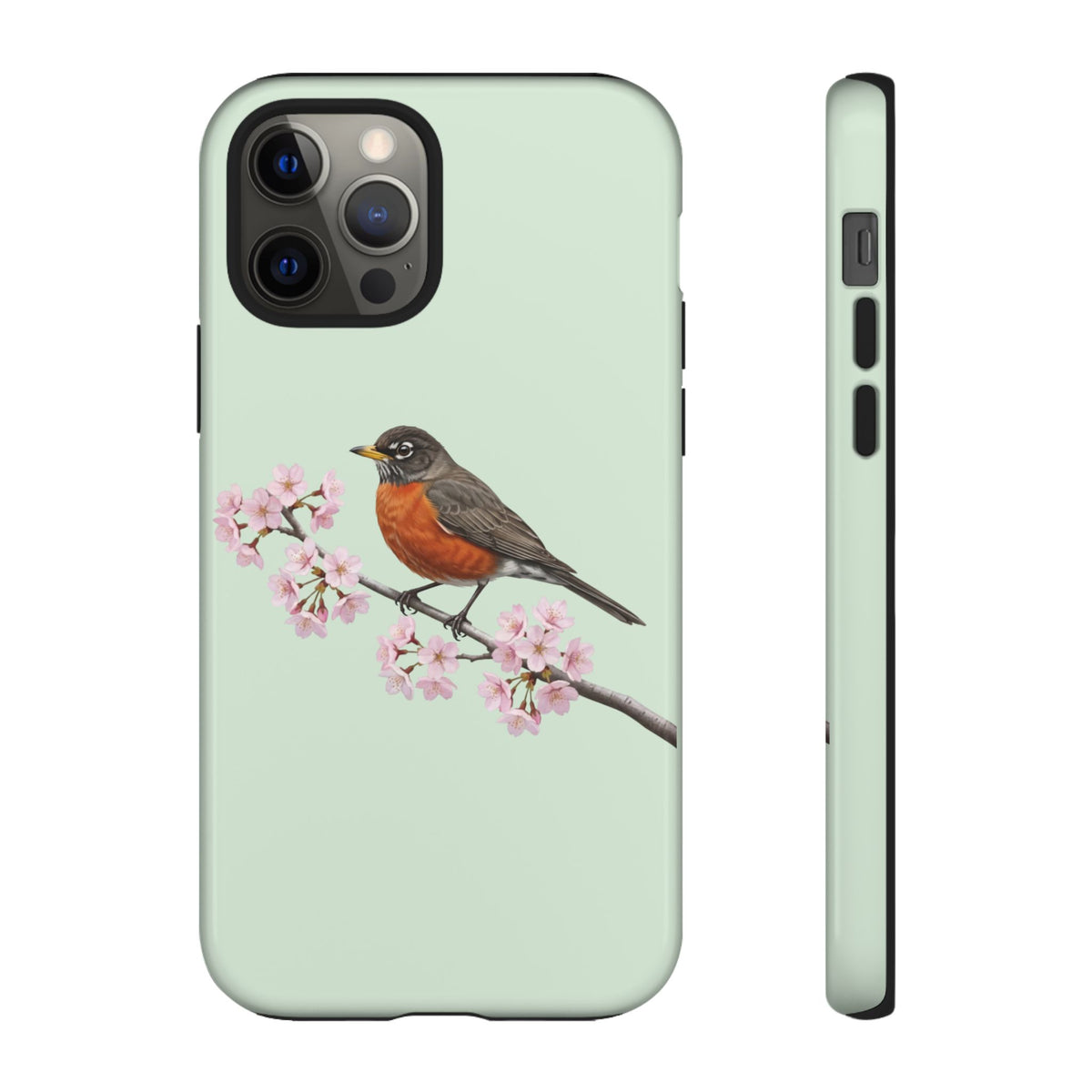 Wanderdrossel Handyhülle in – Salbeigrün | Florales Kirschblüten Vogel-Motiv für iPhone & Google Pixel