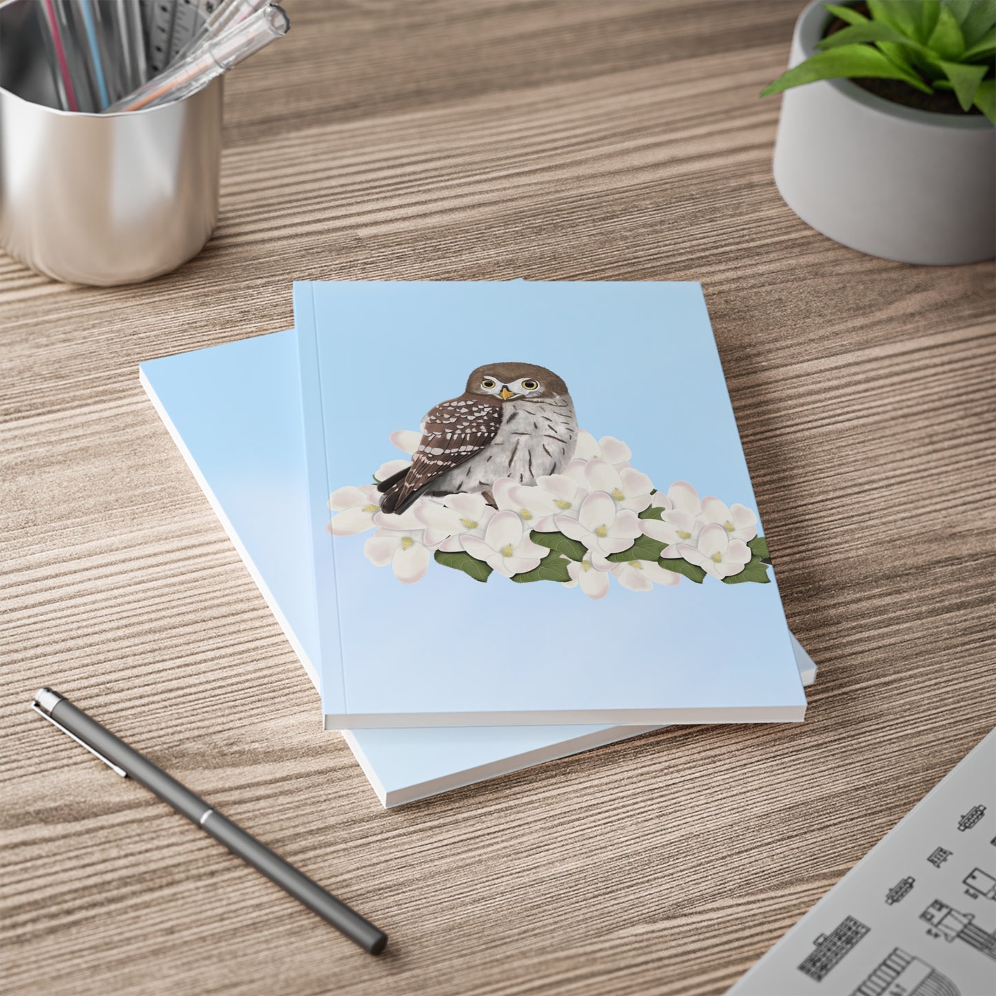 Eule im Frühling A5 Vogel Softcover Notizbuch 150 Seiten Liniert