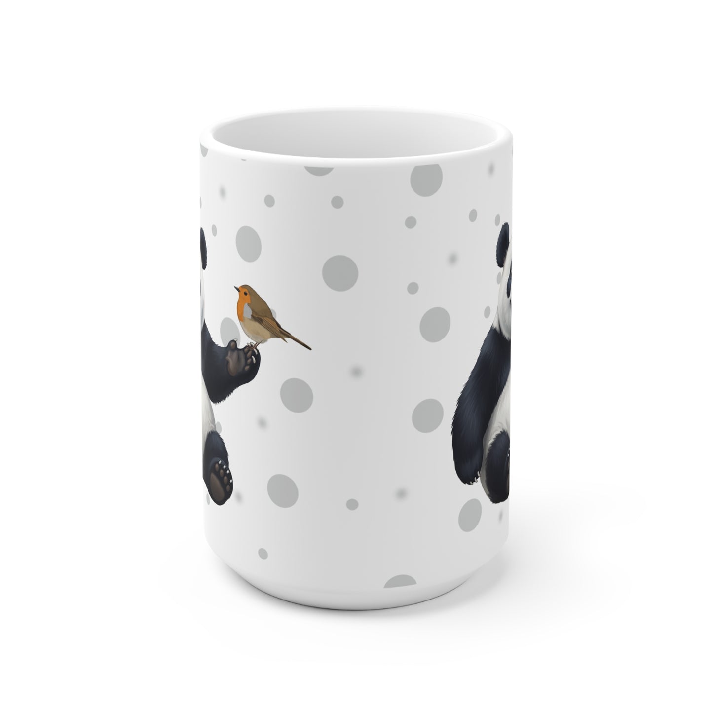 Rotkehlchen mit einem fröhlichen Panda Vogel Tiermotiv Tasse Punkte Grau