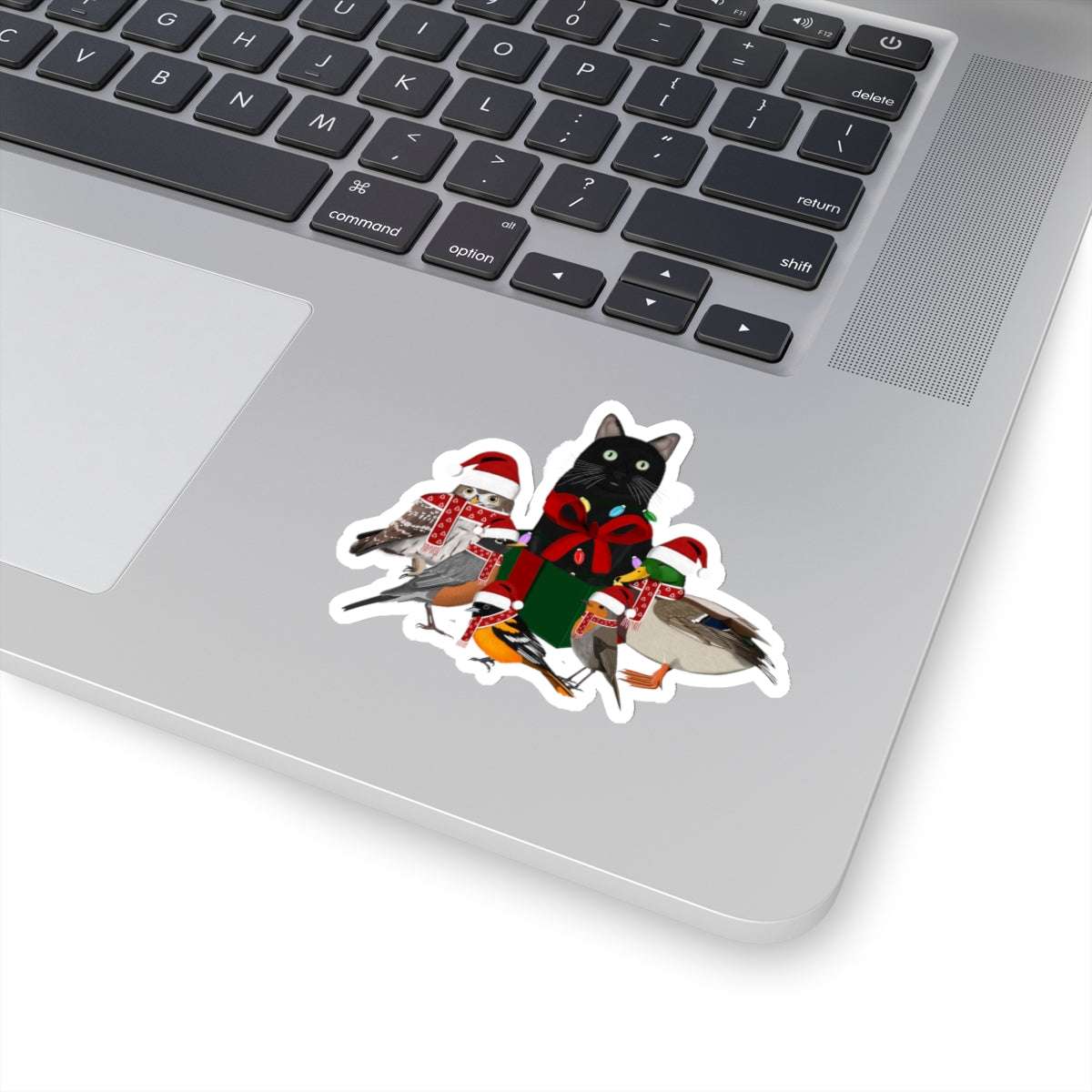 Robin Oriole Mallard Owl and Cat with Fairy Lights Santa Claus Hat and Scarf Christmas Bird Sticker