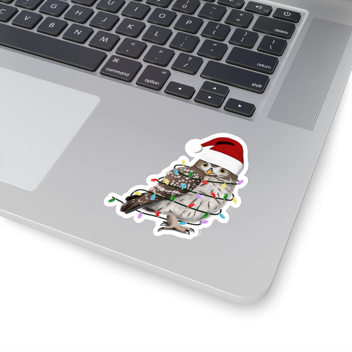 Owl with Fairy Lights Santa Claus Hat and Scarf Christmas Bird Sticker