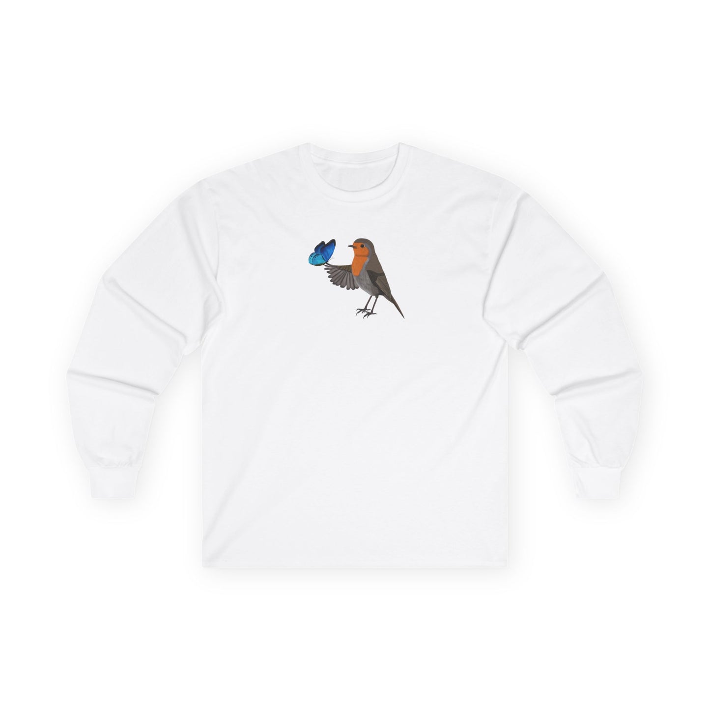 Robin with Butterfly Birding & Birdwatching Bird Cotton Long Sleeve T-Shirt