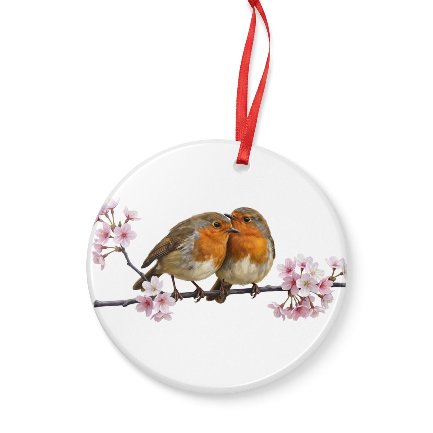 Rotkehlchen auf einem Ast mit Kirschblüten Premium Keramik-Ornament