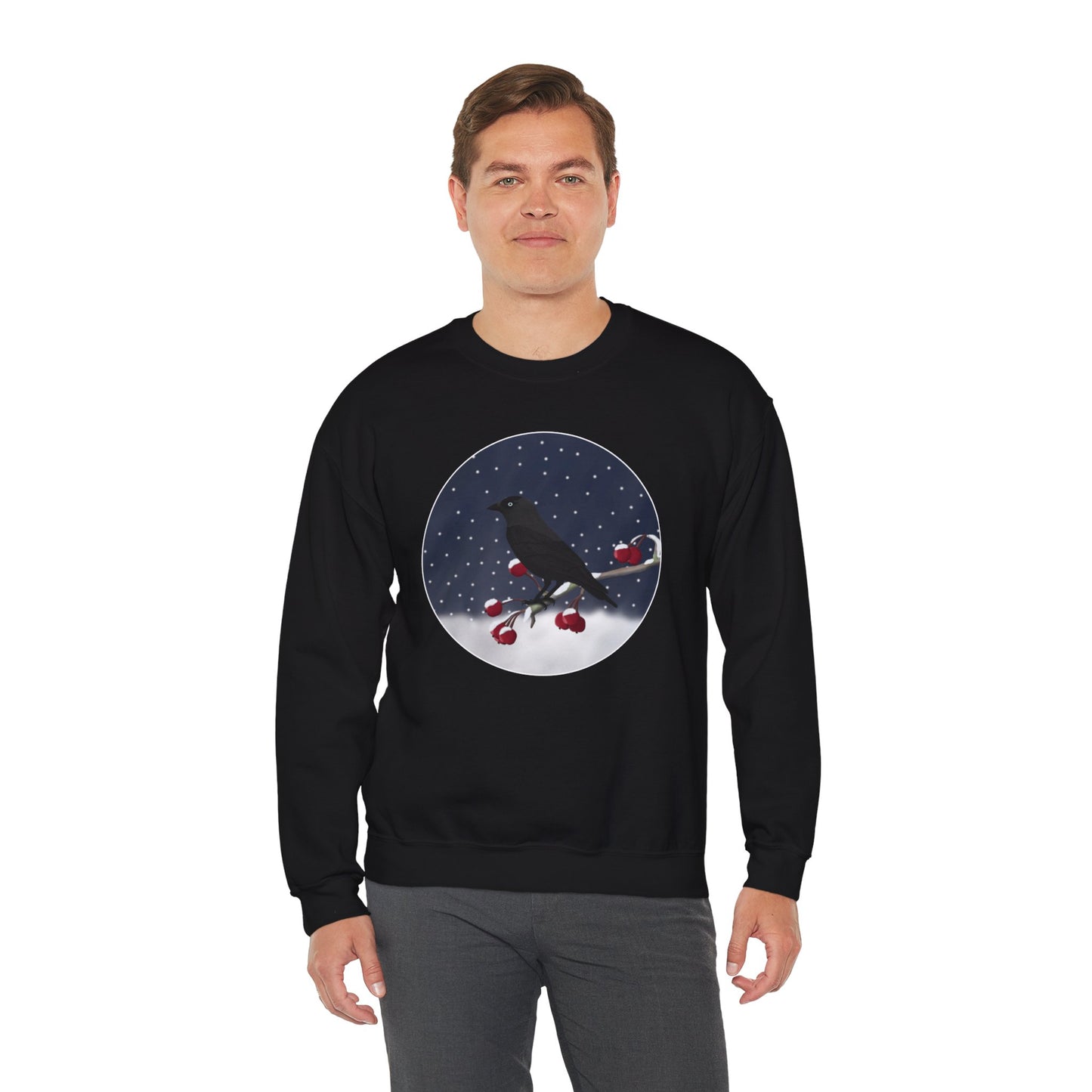 Western Jackdaw on a Winter Branch Birdwatcher Christmas Bird Sweatshirt