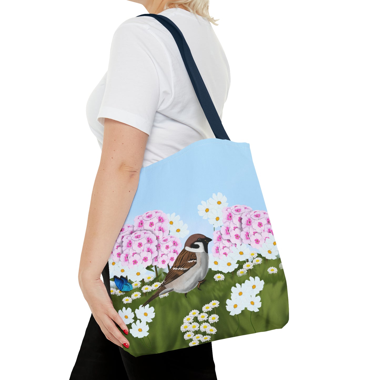 Tree Sparrow in Summer Flowers Bird Tote Bag 16"x16" - jz.birds