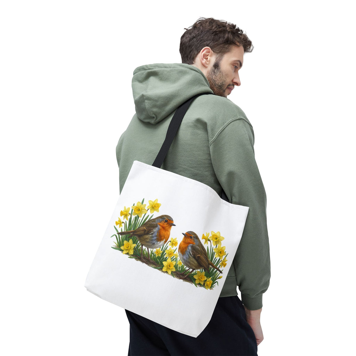 Robuste Einkaufstasche "Frühling": Rotkehlchen in Osterglocken | 40x40cm Shopper