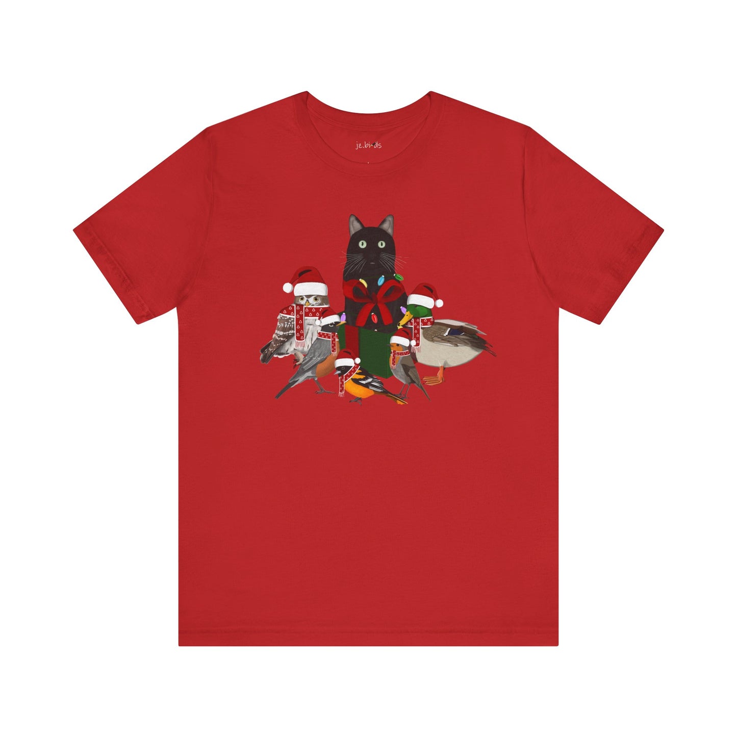 Robin Mallard Oriole Owl with Cat in a Box and Fairy Lights Christmas Bird T-Shirt
