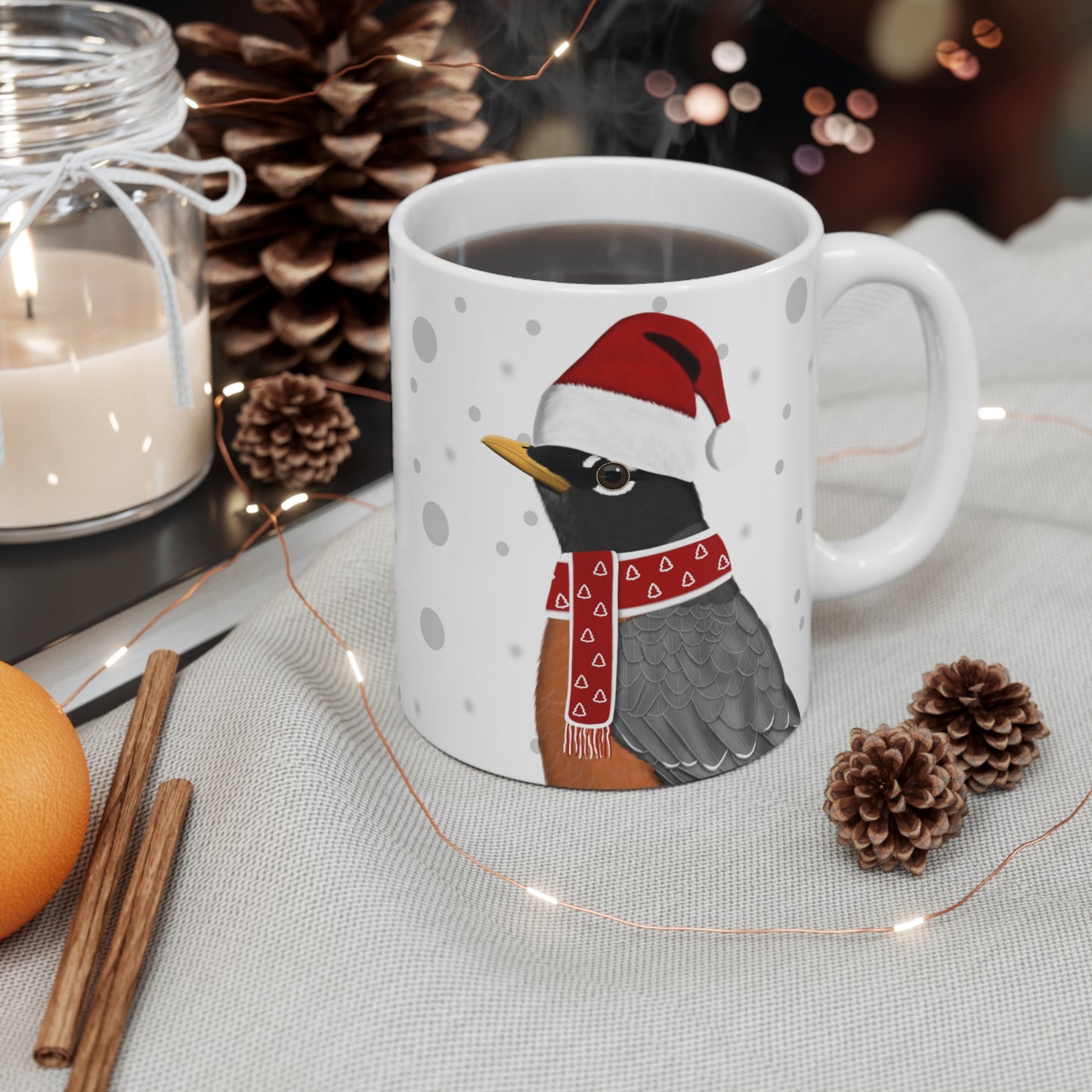 Robin with Red Santa Hat and Scarf Christmas Bird Ceramic Mug 11oz
