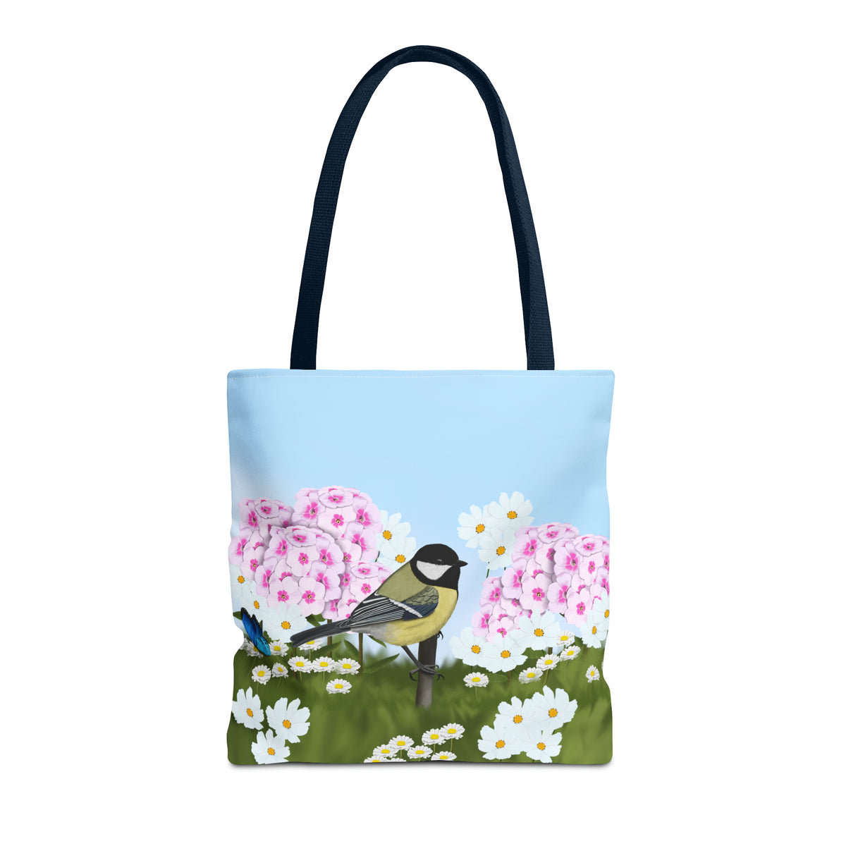 Chickadee in Summer Flowers Bird Tote Bag 16"x16" - jz.birds