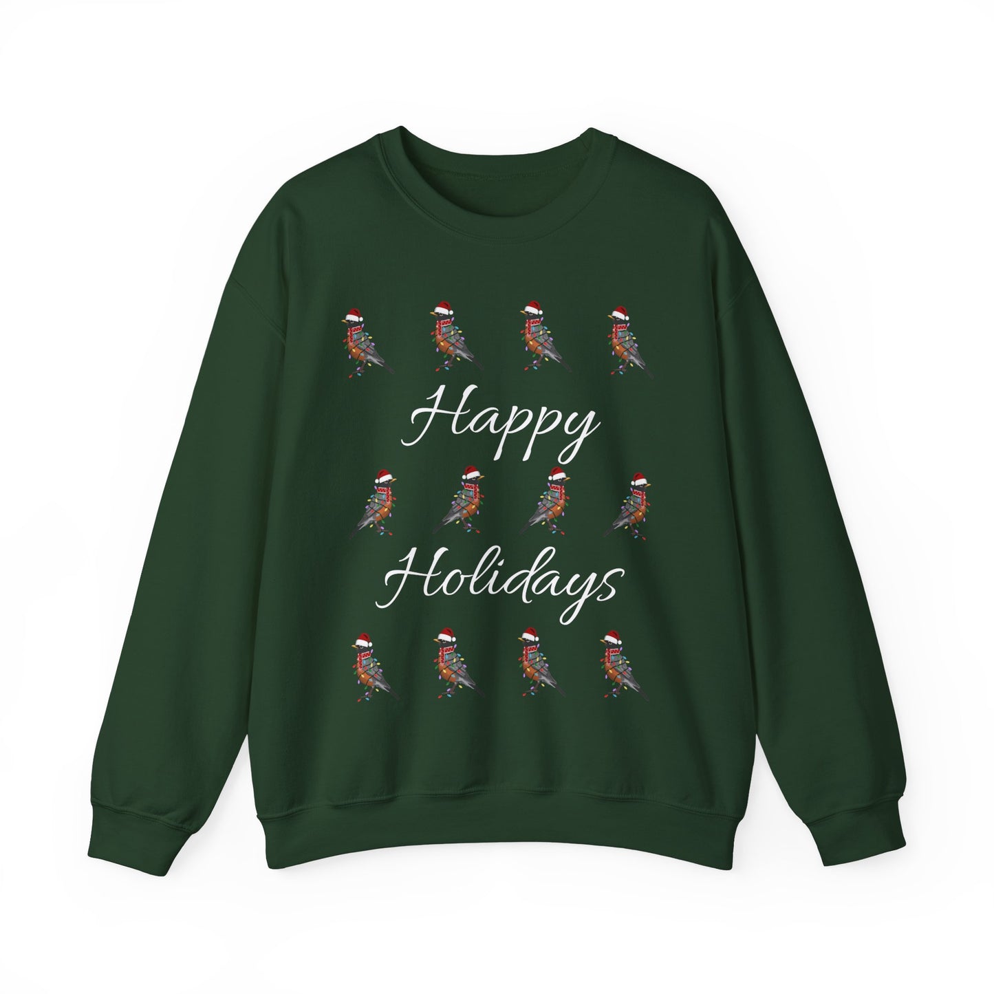 American Robin as Santa with Hat Scarf and Fairy Lights Happy Holidays Birdwatcher Christmas Bird Sweatshirt