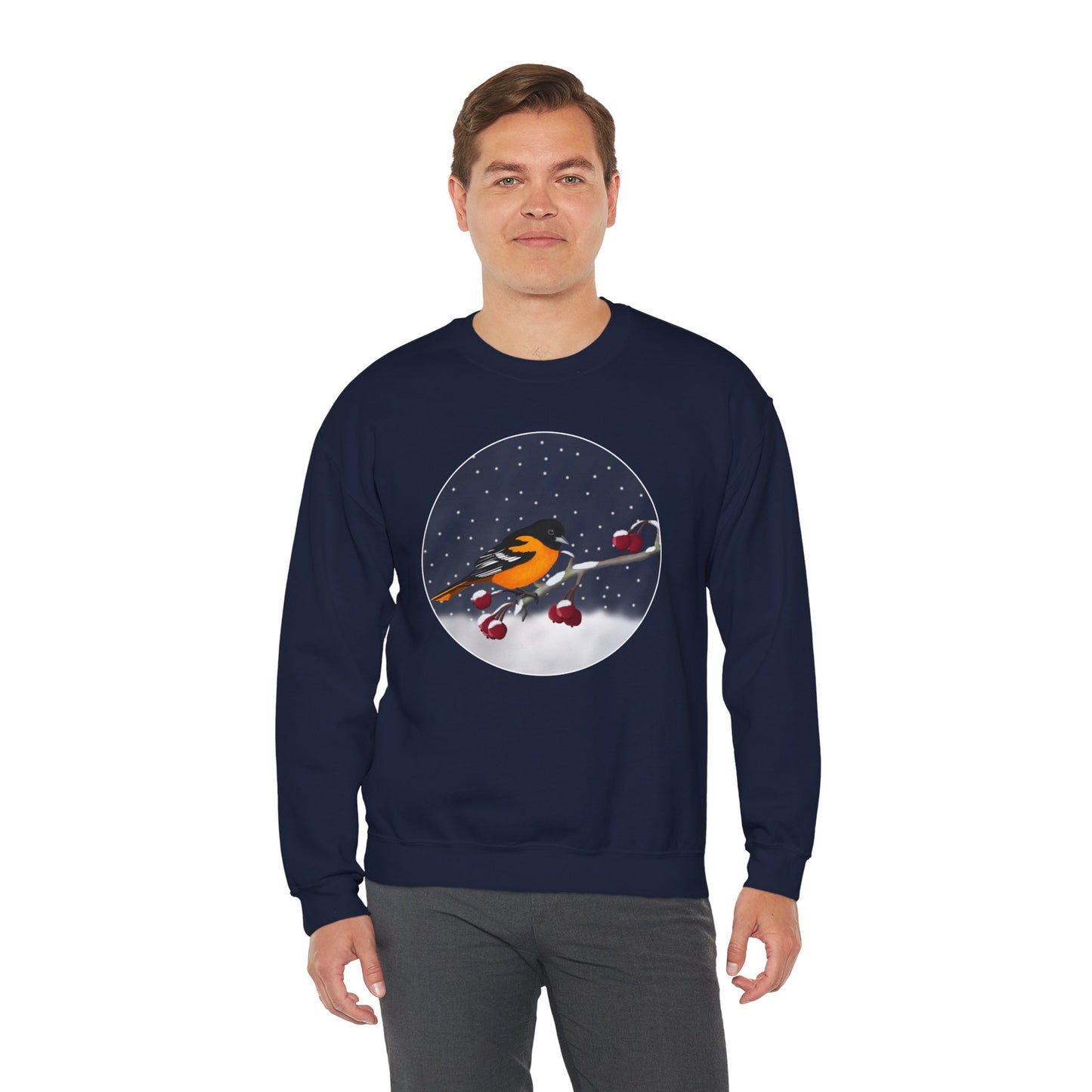 Baltimore Oriole on a Winter Branch Birdwatcher Christmas Bird Sweatshirt