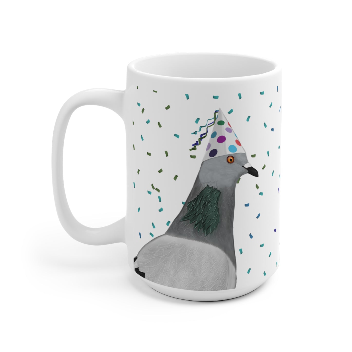 Taube feiert Geburtstag mit Partyhut und Konfetti Vogel Tasse