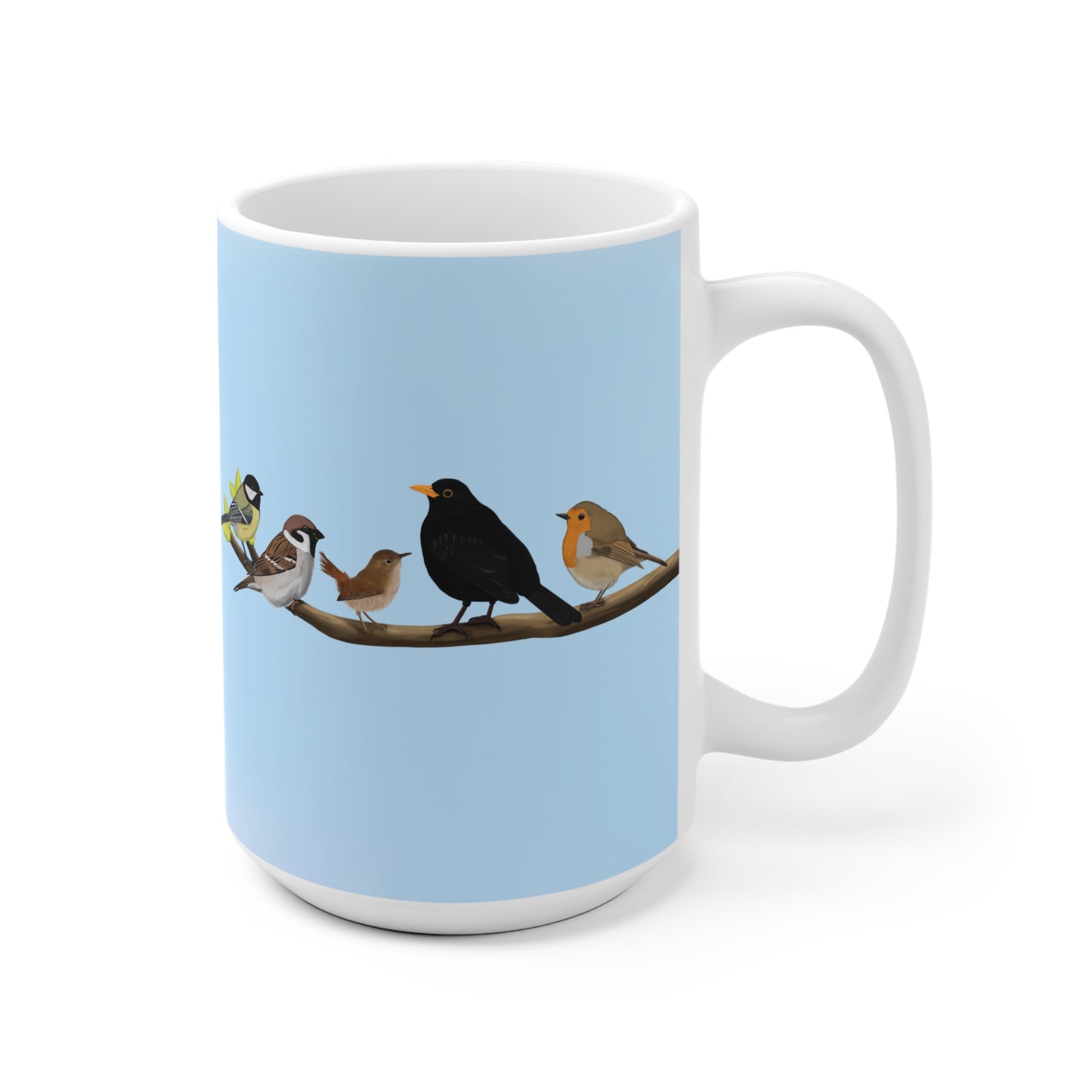 Vögel auf einem Ast Tasse Amsel Rotkehlchen Blaumeise Zaunkönig Spatz Kohlmeise Blau