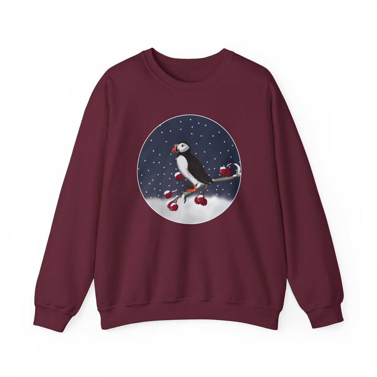 Puffin on a Winter Branch Birdwatcher Christmas Bird Sweatshirt –