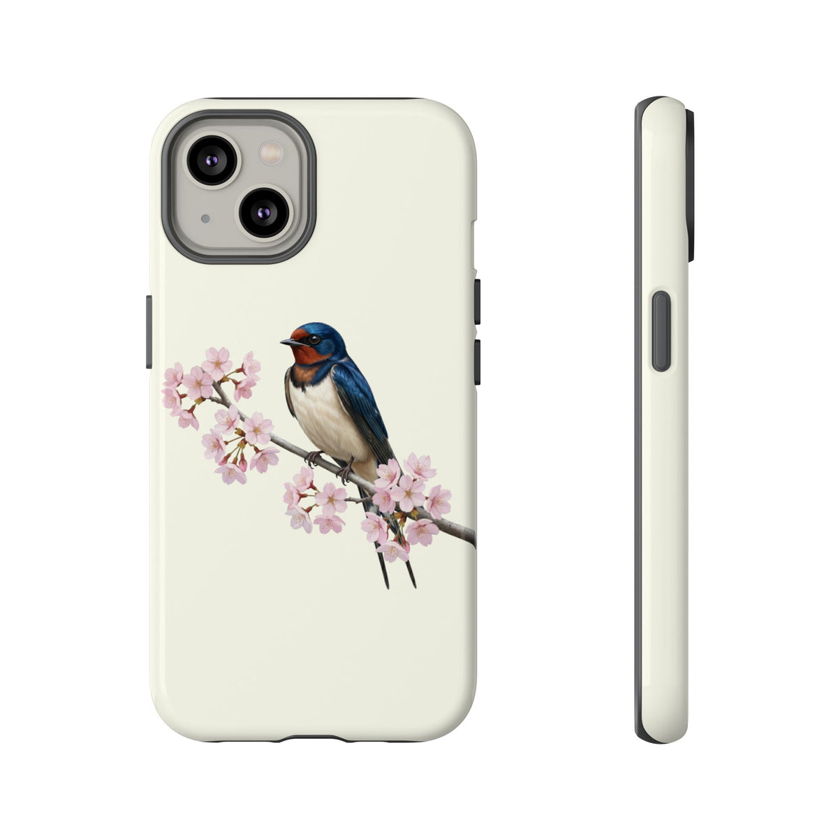 Rauchschwalbe Handyhülle in Cremeweiß | Florales Kirschblüten Vogel-Motiv für iPhone & Google Pixel