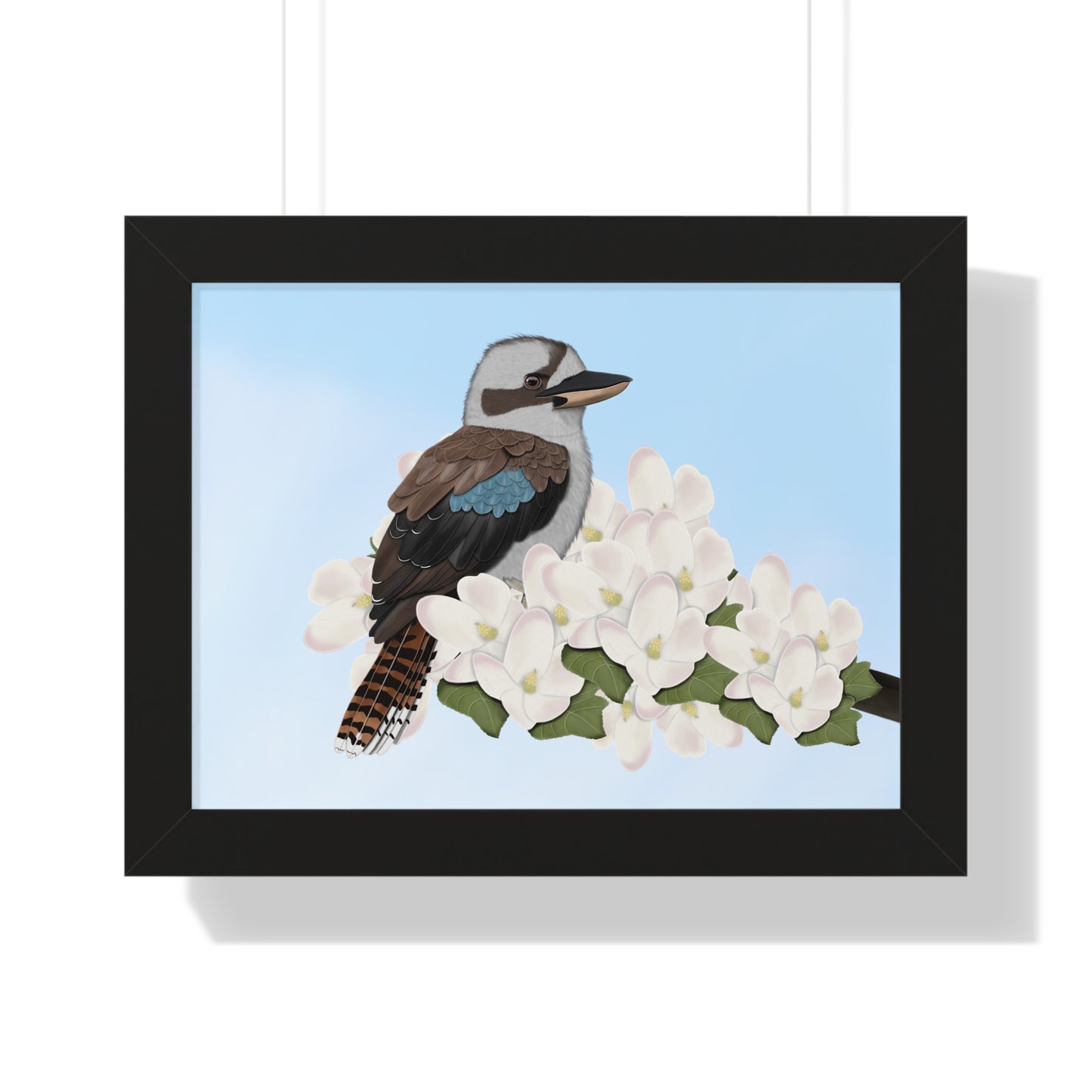 Kookaburra Spring Blossoms Bird Framed Poster in Black
