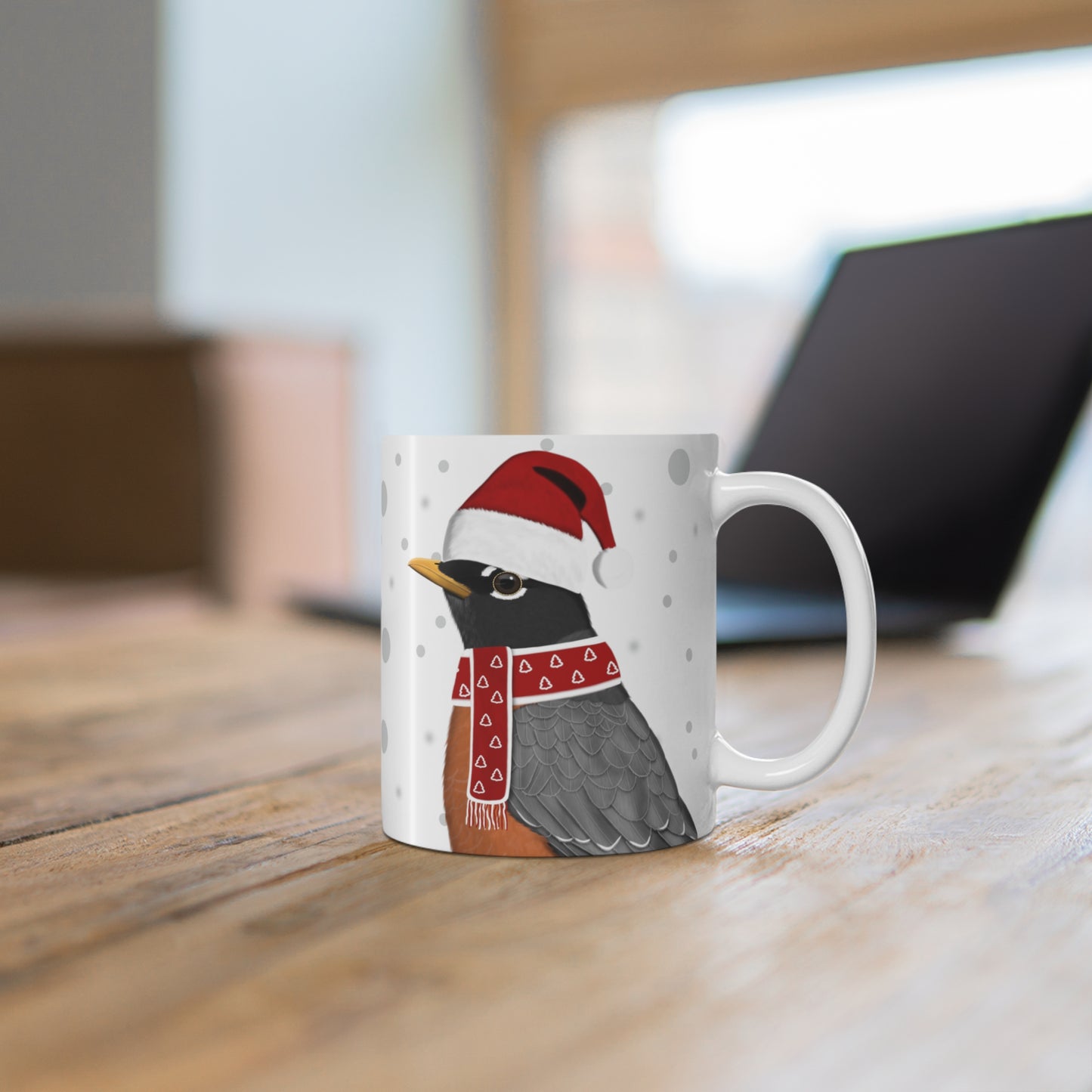 Robin with Red Santa Hat and Scarf Christmas Bird Ceramic Mug 11oz