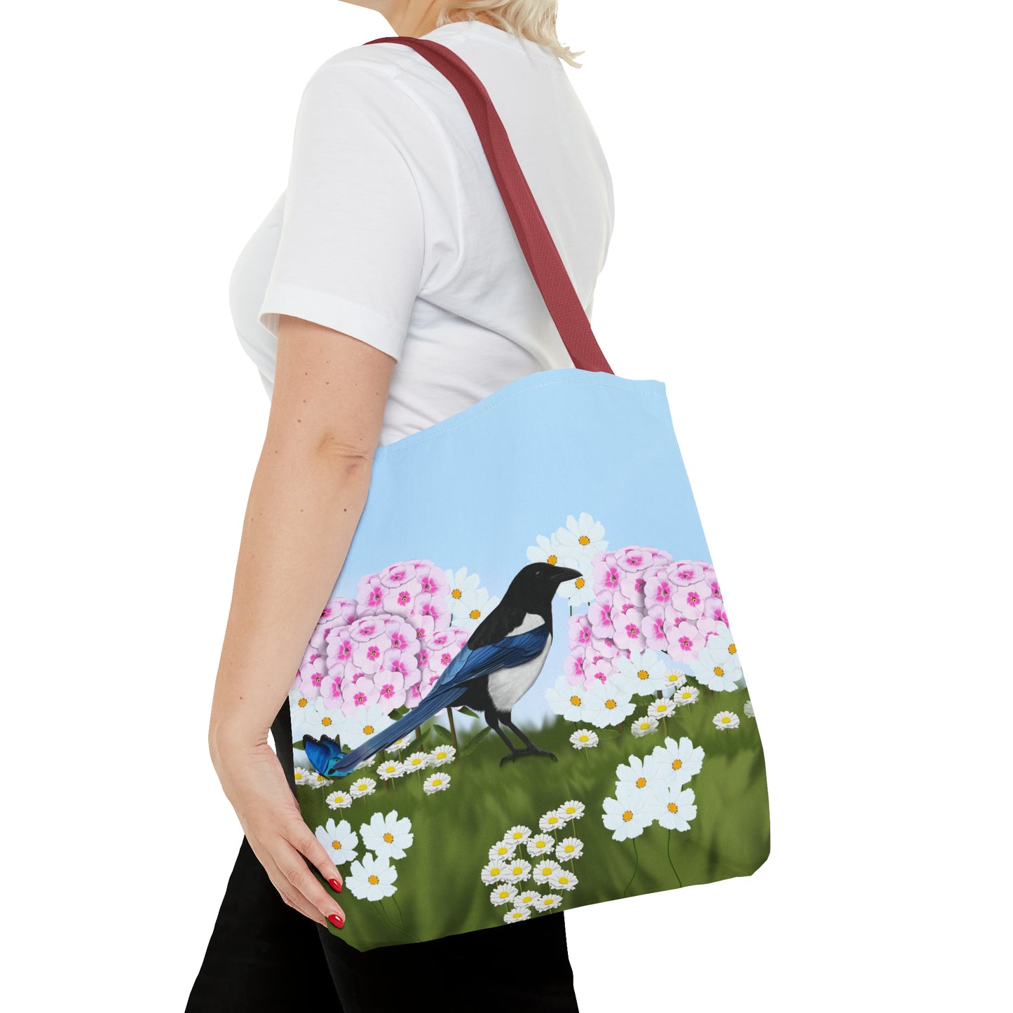 Magpie in Summer Flowers Bird Tote Bag 16"x16" - jz.birds